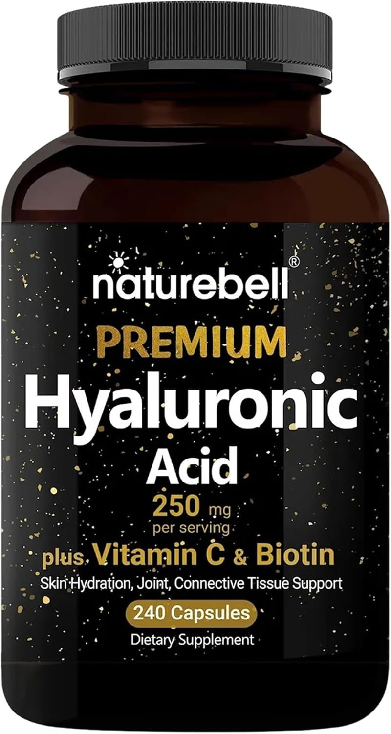 NatureBell Hyaluronic Acid 250mg – 240 Capsules – 250mg Hyaluronic Acid for Skin* – 5000mcg Biotin for Hair Growth* – 25 mg Vitamin C – Supports Bone, Eye & Joint Health