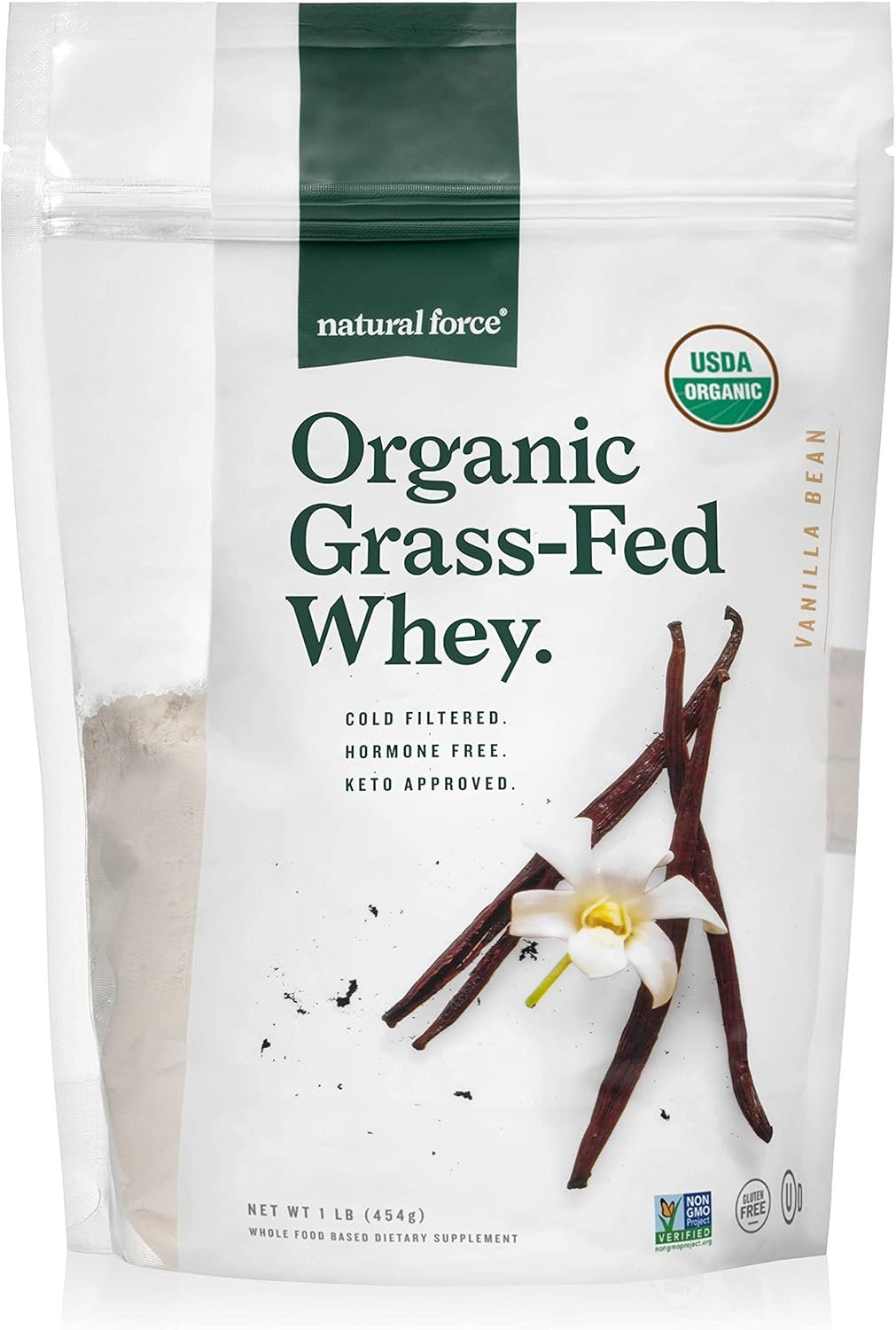 Natural Force Grass Fed Organic Whey Protein Powder – Non GMO Verified, Humane Certified & Lab Tested for Toxins – Real Vanilla Flavor – Keto Friendly, Low Carb, and Kosher – 16 Ounce A2 Protein