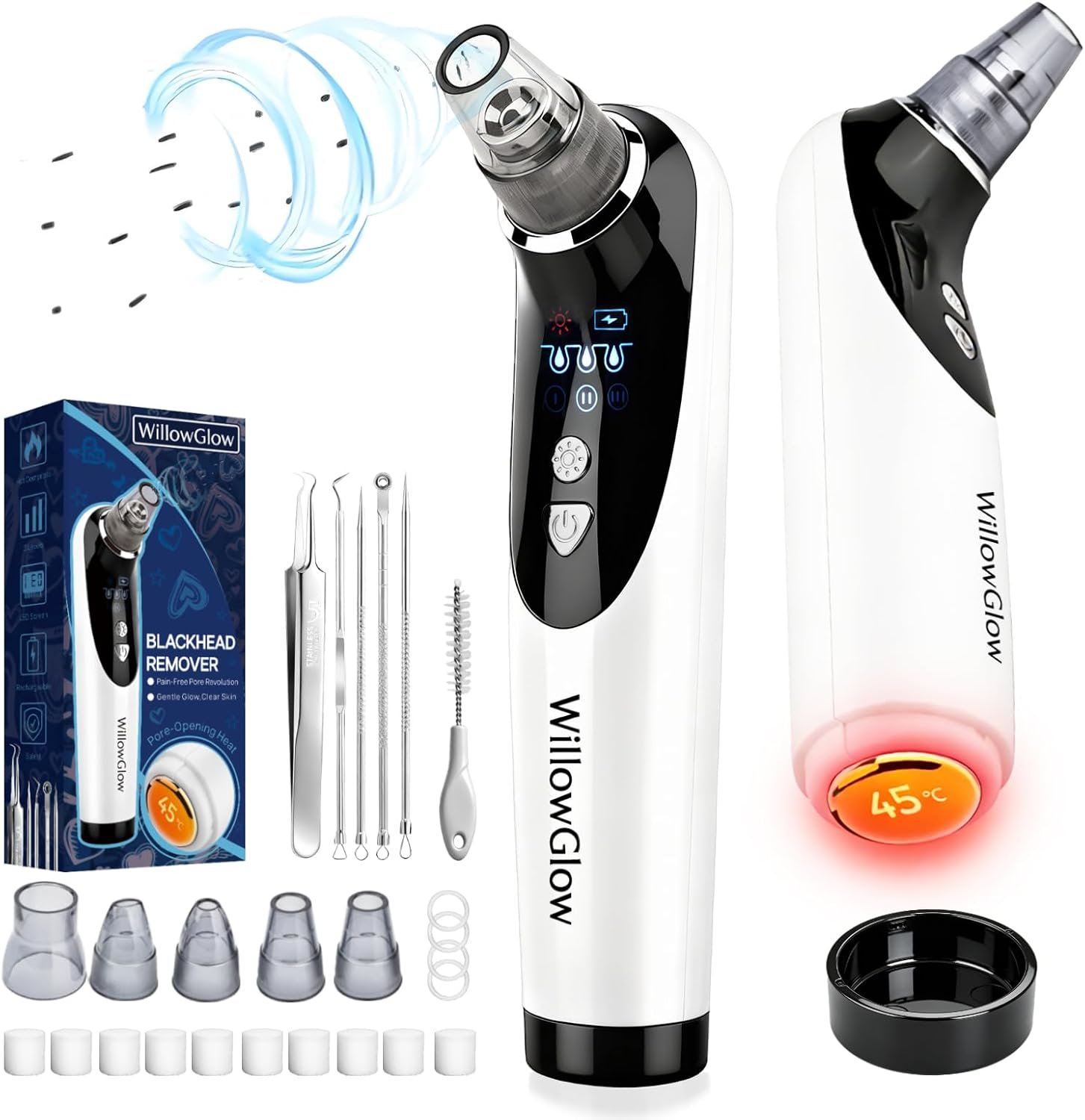 Heated Pore Vacuum, Blackhead Remover with Strong 3-Level Suction, 5 Nozzles for Deep Cleaning Face, Nose & Sensitive Skin, Professional Pore Extractor & Facial Kit