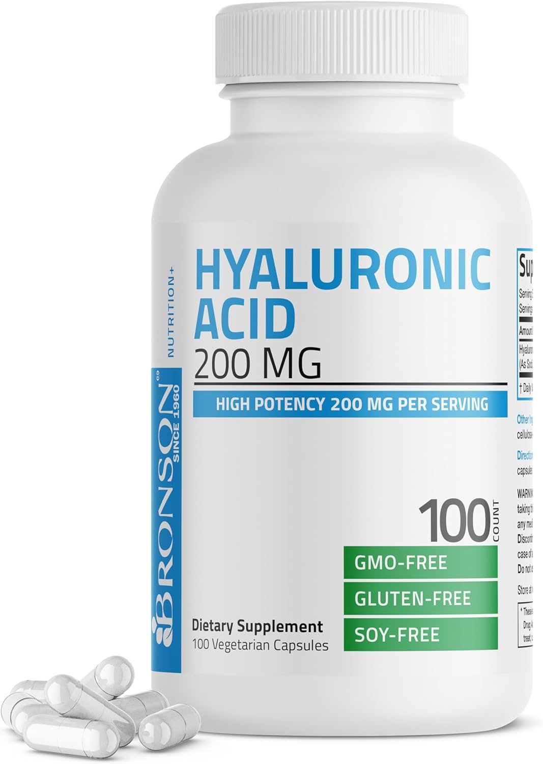 Bronson Hyaluronic Acid 200 MG High Potency Joint Health & Healthy Skin Support, Non-GMO, 100 Vegetarian Capsules