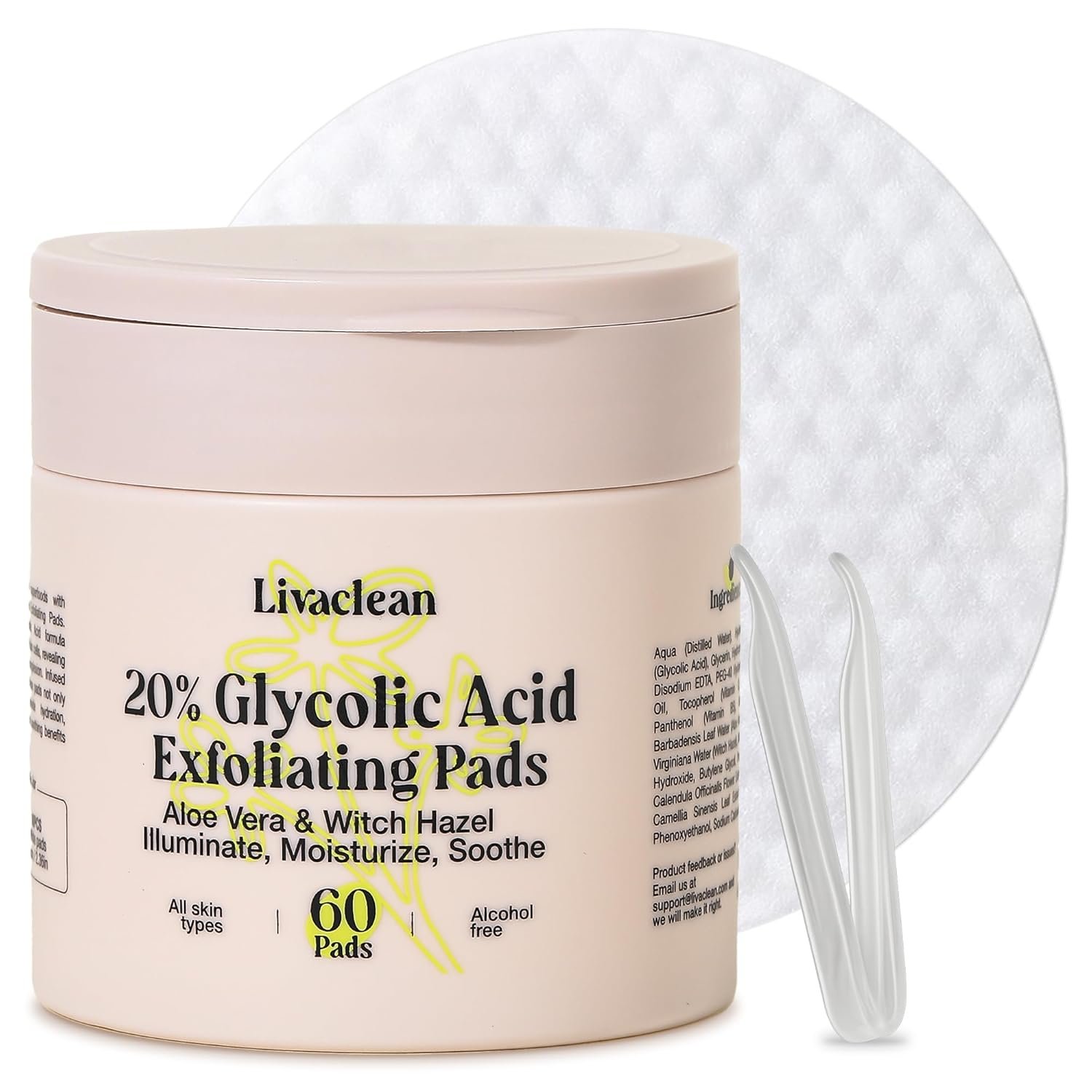 LivaClean 60 CT 20% Glycolic Acid Peel Pads with Aloe Vera – Resurfacing Toner Pads for Face, Exfoliating Wipes for Fine Lines, Wrinkles, Large Pores, Textured Skin, Includes Tweezer