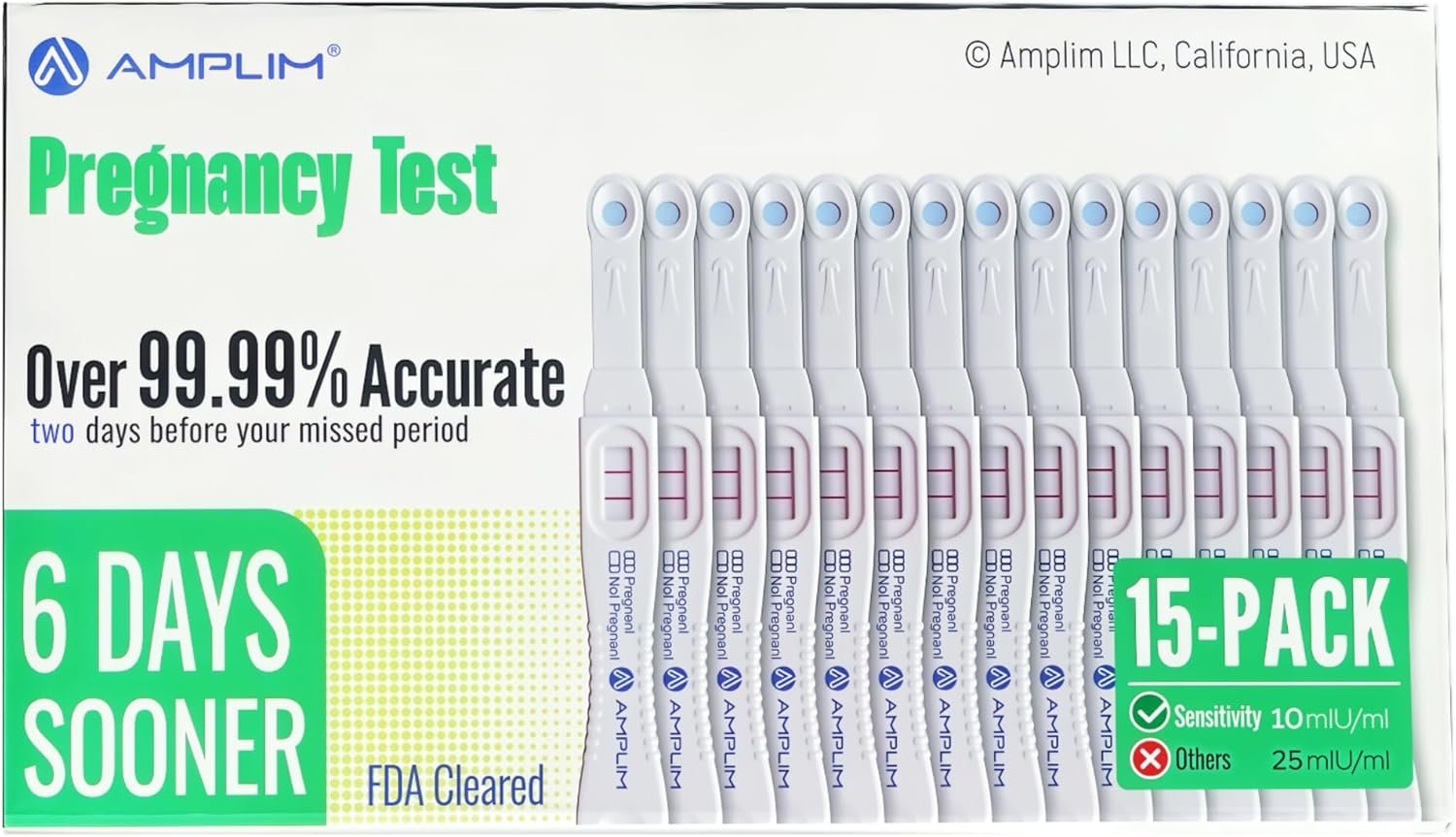 Early Detection Pregnancy Test Sticks 15 Pack, 99.99% Accurate, Sensitive Midstream Home Urine Test Kit for Women, 3-Sec Reliable Results 6 Days Sooner, 10 MIU/mL HCG, FDA Cleared