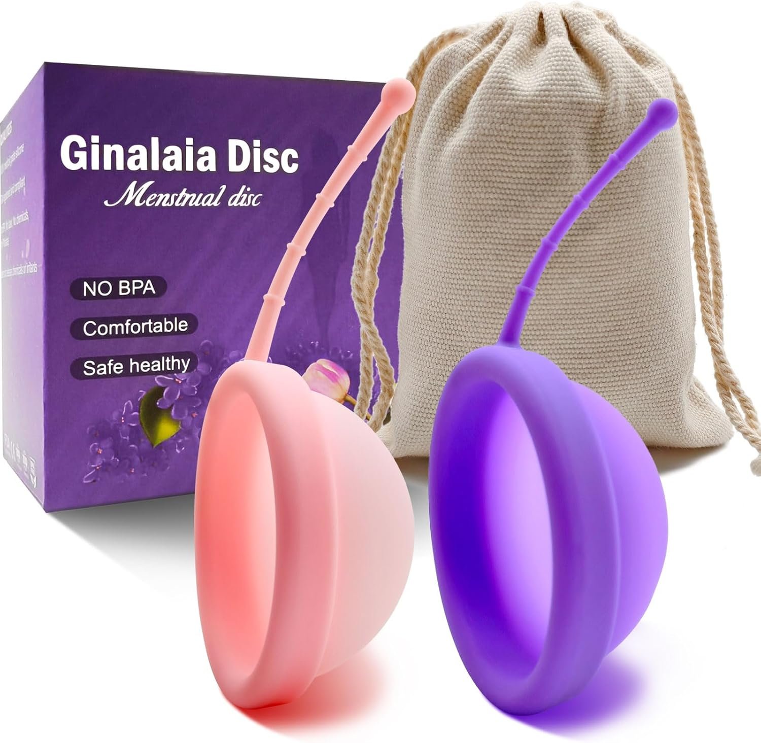 Reusable Menstrual Disc, Ultra-Soft Medical-Grade Silicone Period Disc for Women Wear 12 Hours 2 Size for Light & Heavy Flow Removal String (Purple+Pink, L+S)