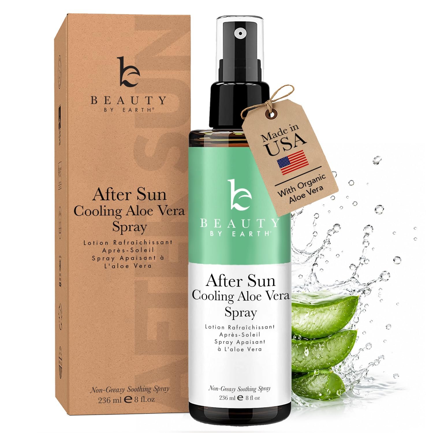 Beauty by Earth After Sun Cooling Aloe Vera Spray – USA Made With Organic Aloe Vera, Fast Absorbing After Sun Care for Sunburn Relief, Skin Cooling Spray, Sunburn Treatment Spray Lotion for Body
