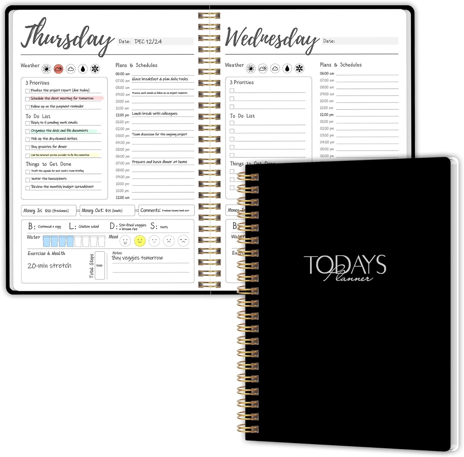 Weekly Work Planner with Hourly Schedules, To Do List, Tasks, Expense Tracker 7 Days Daily Planner Self-Care for Organizing Meals, Water Take-in, Mood, Exercise & Health, 10 x 7.3 inches
