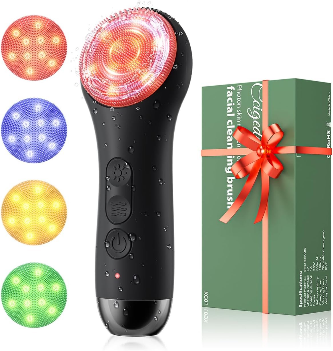 Ccigedy Face Scrubber Brush, Electric Silicone Face Scrubber, Waterproof and Rechargeable Facial Cleansing Brush with 4 LED Gentle Light, Sonic Facial Pore Exfoliator Cleanser Tool for Women & Men
