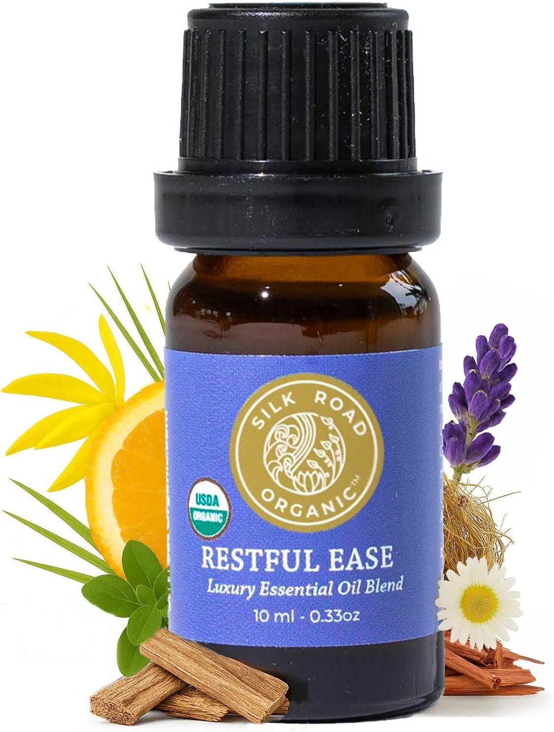 Silk Road Organic Restful Ease Essential Oil Sleep & Stress Blend – 100% Pure USDA Certified with Indian Sandalwood – Stress Ease Aromatherapy & Calming Relaxation – 10 ml Dropper