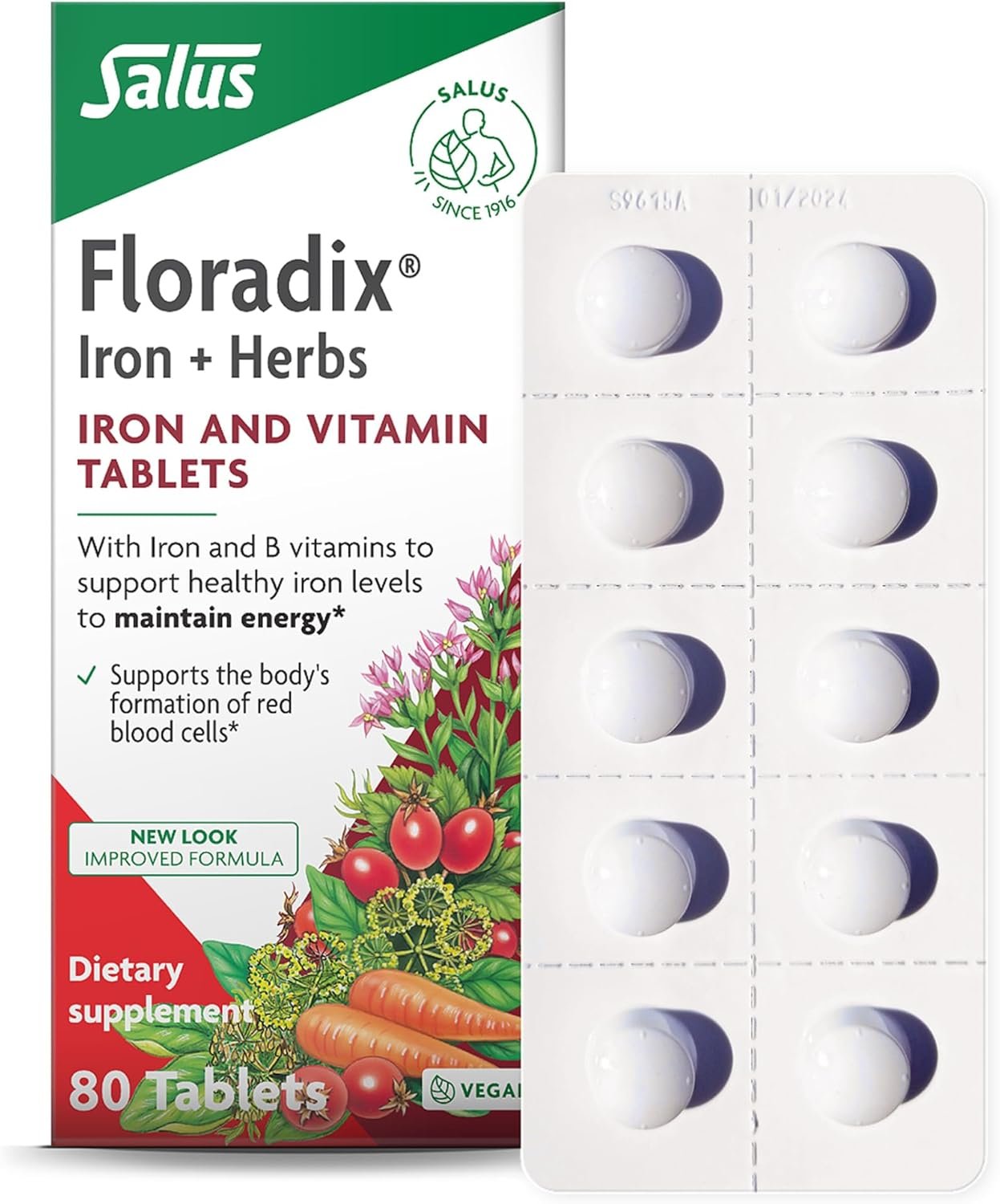 Floradix Iron Tablets – Iron Supplement with B Vitamins, Folic Acid, Vitamin C & More – Energy Support – Vegetarian & Gluten-Free – 80 Tablets (80 Servings)