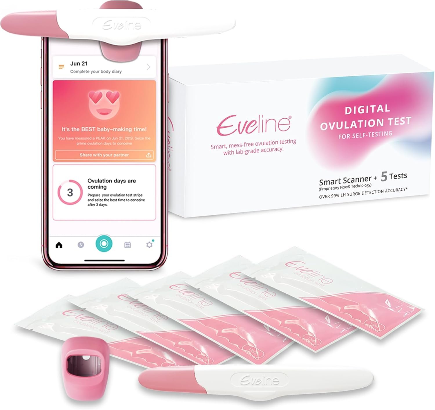 Eveline Digital Ovulation Test Predictor Kit – 5 Easy at Home Ovulation Test Strips with Smart Scanner for One Cycle, Digital Results on Eveline App, 99% Accuracy, FSA/HSA Eligible