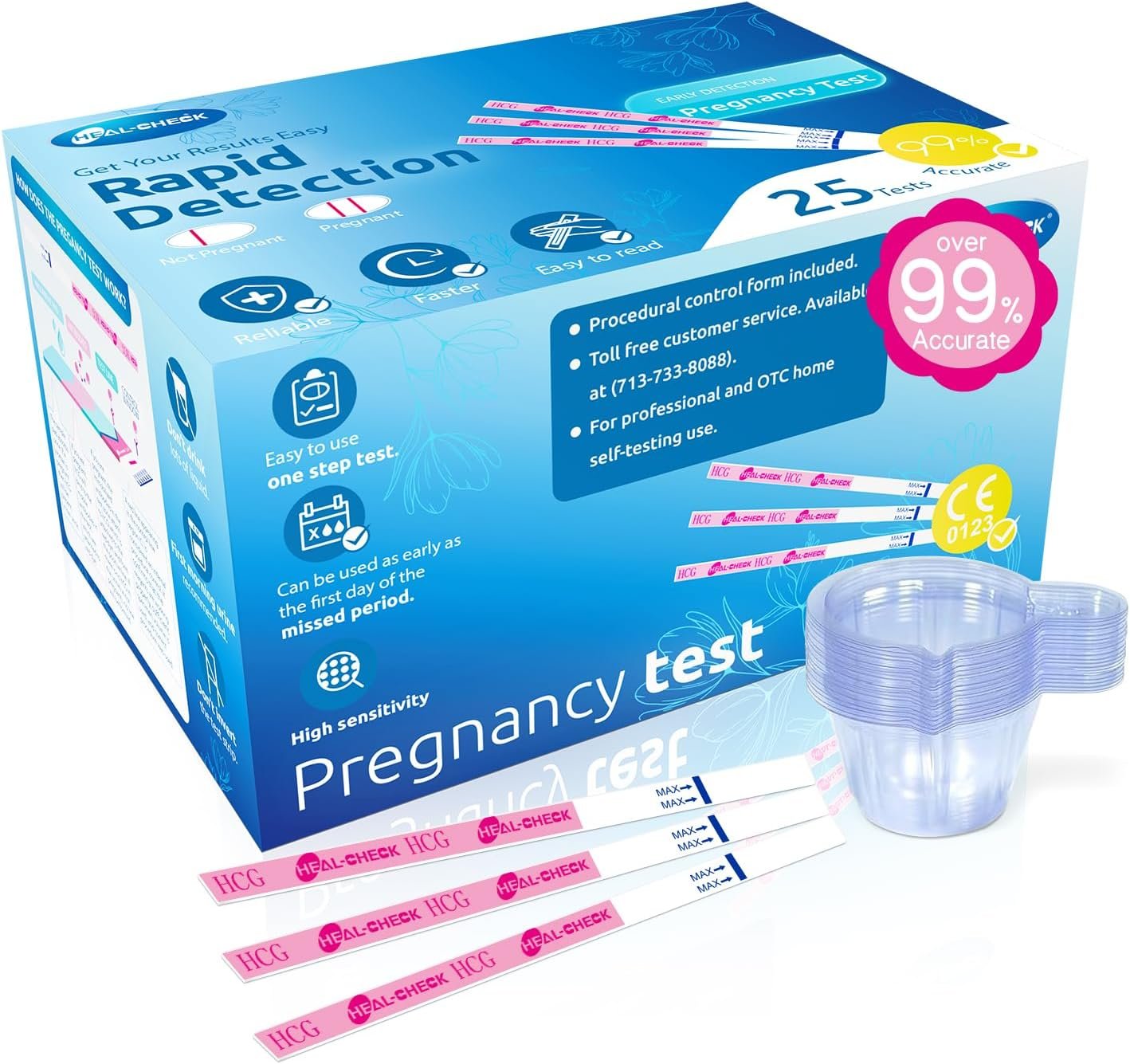 HEAL-CHECK Pregnancy Tests with Cup, Bulk Pregnancy Test Strips for Home Detection, Over 99% Accuracy, Individually Wrapped, Extra-Wide 5mm HCG Test Kit Comfortable Grip, 25 Count, Pruebas De Embaraz