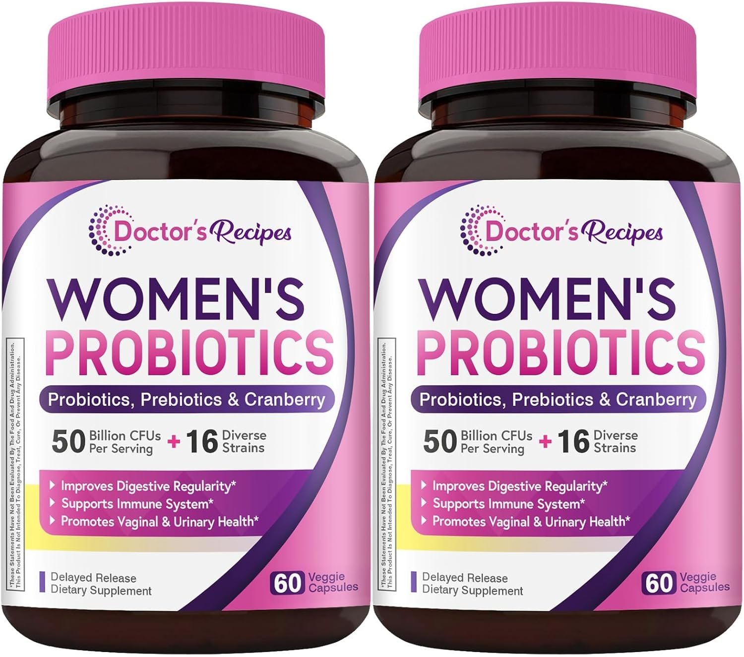 Doctor’s Recipes Women’s Probiotics, 120 Caps (2 Pack) 50 Billion CFU 16 Strains, with Organic Cranberry, Digestive Immune Vaginal & Urinary Health, Shelf Stable, Delayed Release, No Soy Gluten Dairy