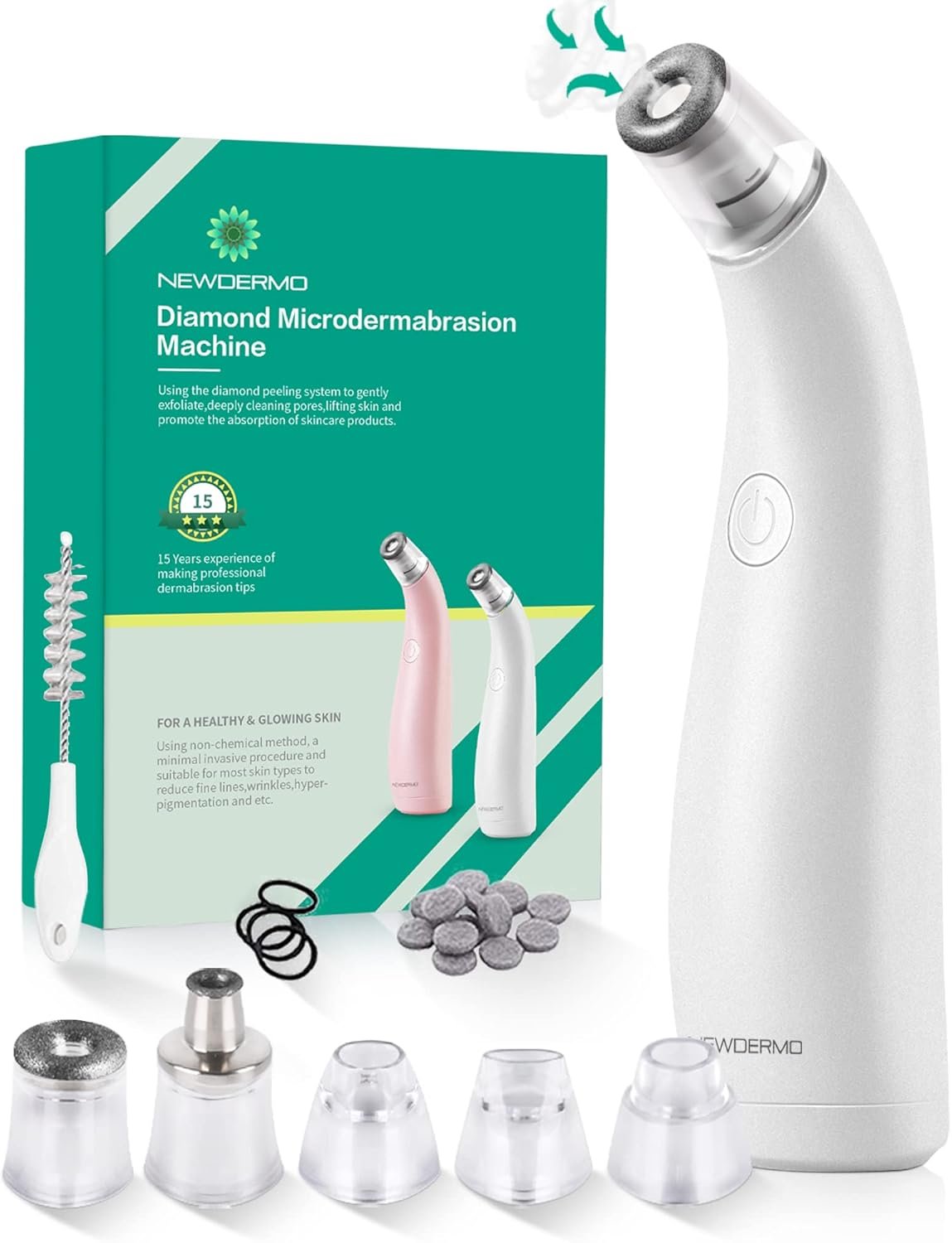 NEWDERMO 2-in-1 Microdermabrasion Machine for Facial, Diamond Microdermabrasion Device USB Rechargeable – Advanced Home Facial Treatment Machine (White)