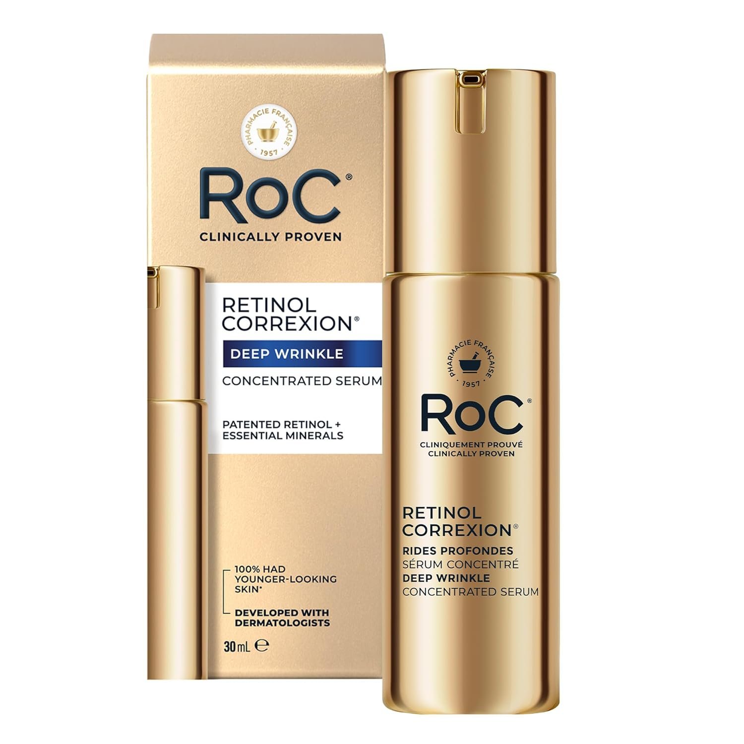 RoC Retinol Correxion® Deep Wrinkle Retinol Face Serum with Ascorbic Acid, Daily Anti-Aging Skin Care Treatment for Fine Lines, Dark Spots, Acne Scars, 30 ML (Packing May Vary)