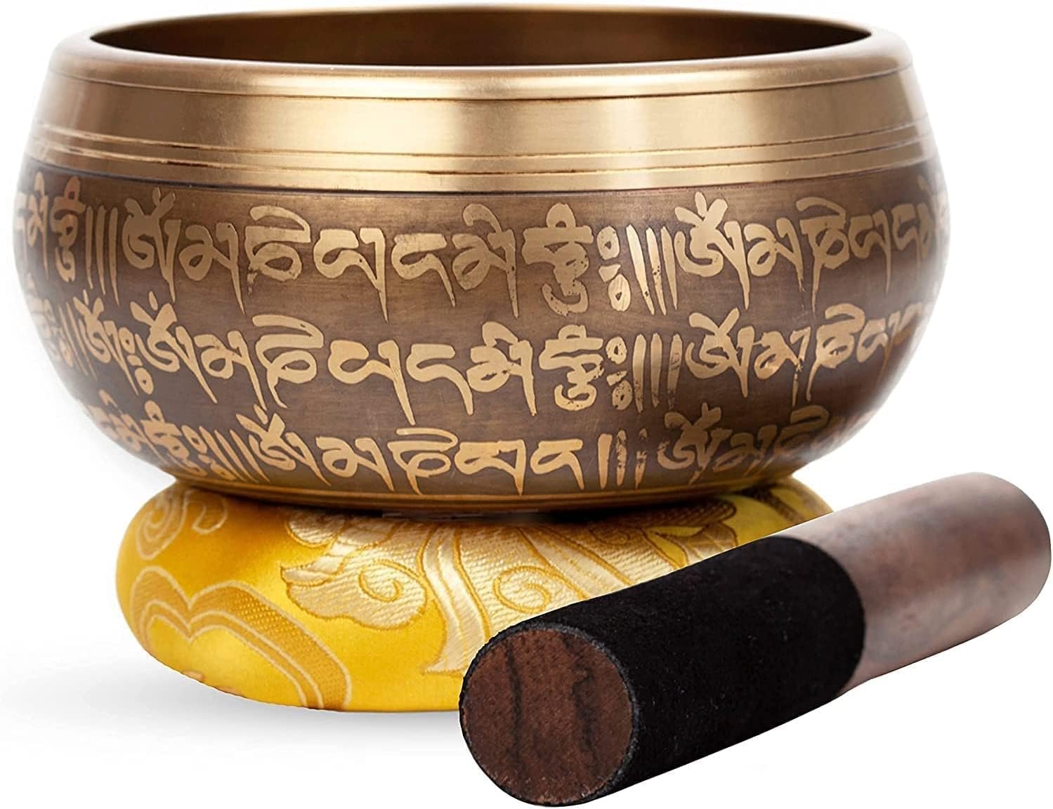 Large Tibetan Singing bowl Set – Bronze Style – Easy To Play – 5″ Sound Yoga Bowl Mantra Design Mindfulness Meditation Healing Sound Gift By Himalayan Bazaar