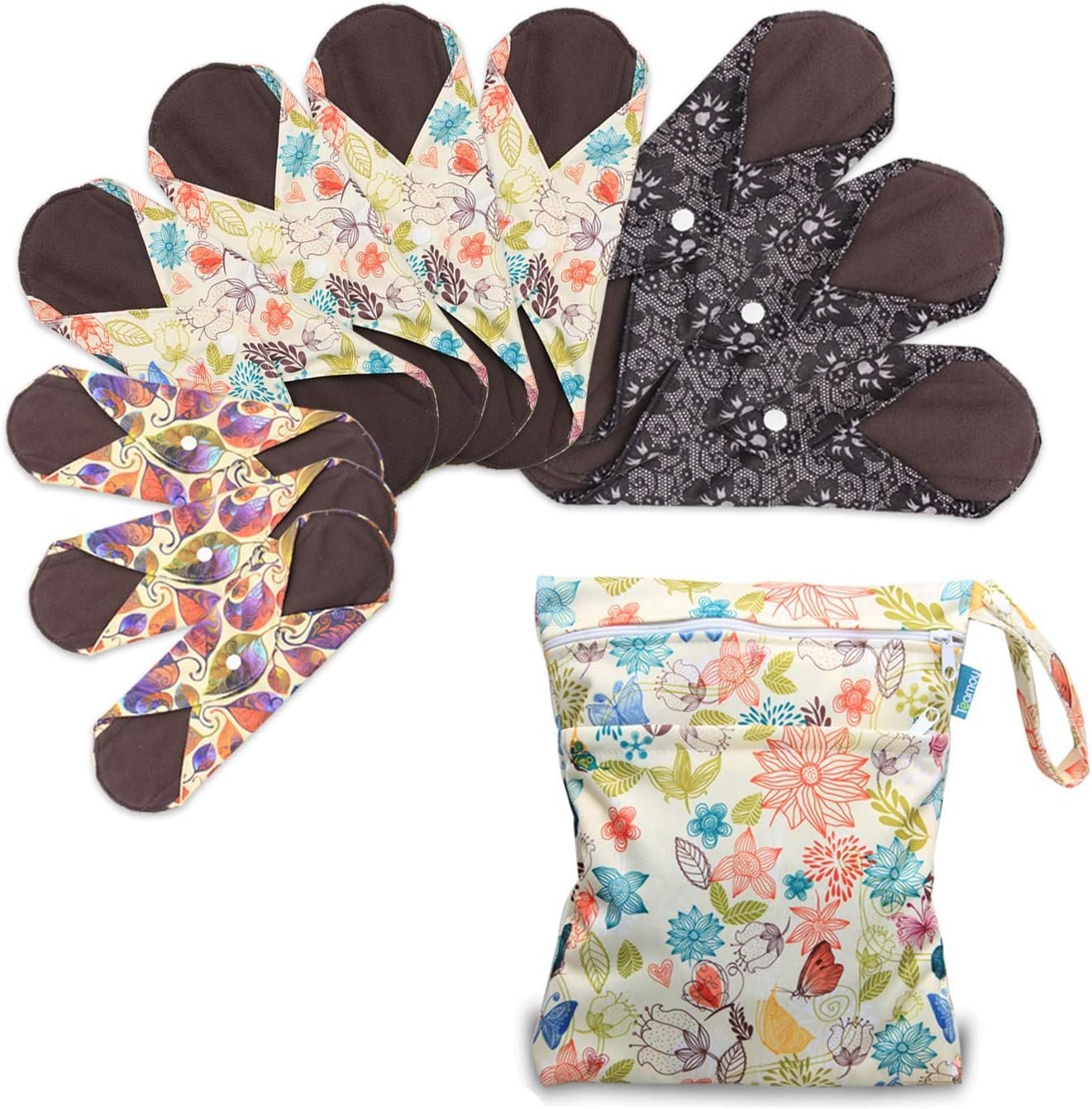 Teamoy 10Pcs Sanitary Pad, Reusable Washable Cloth Menstrual Pads/Panty Liners with Wet Bag, Super-Absorbent, Soft and Comfortable(3pcs×7.9″+4pcs×10″+3pcs×11.6″)