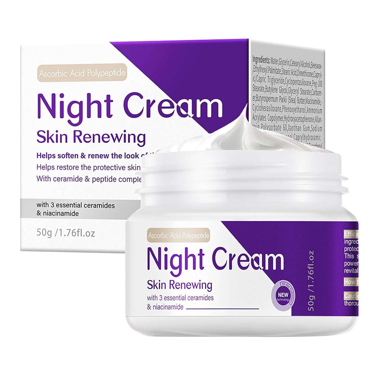Skin Renewing Night Cream Face Moisturizer with Niacinamide, Peptide Complex, Hyaluronic Acid & Ceramides | Visibly Reduces Fine Lines & Enhances Skin Elasticity | For All Skin Types, 1.76 fl.oz