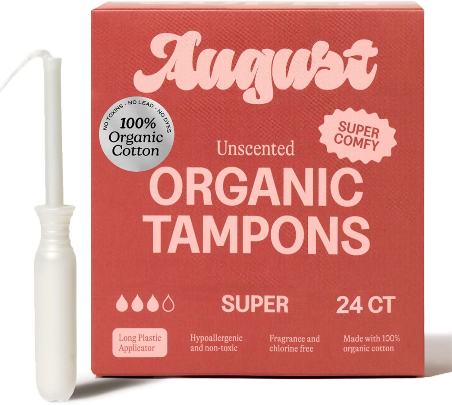 August Super Tampons – Easy-Glide Long Applicators – 24-Pack 100% Organic Cotton Tampons for Women, Non-Toxic, Fragrance-Free, and Hypoallergenic
