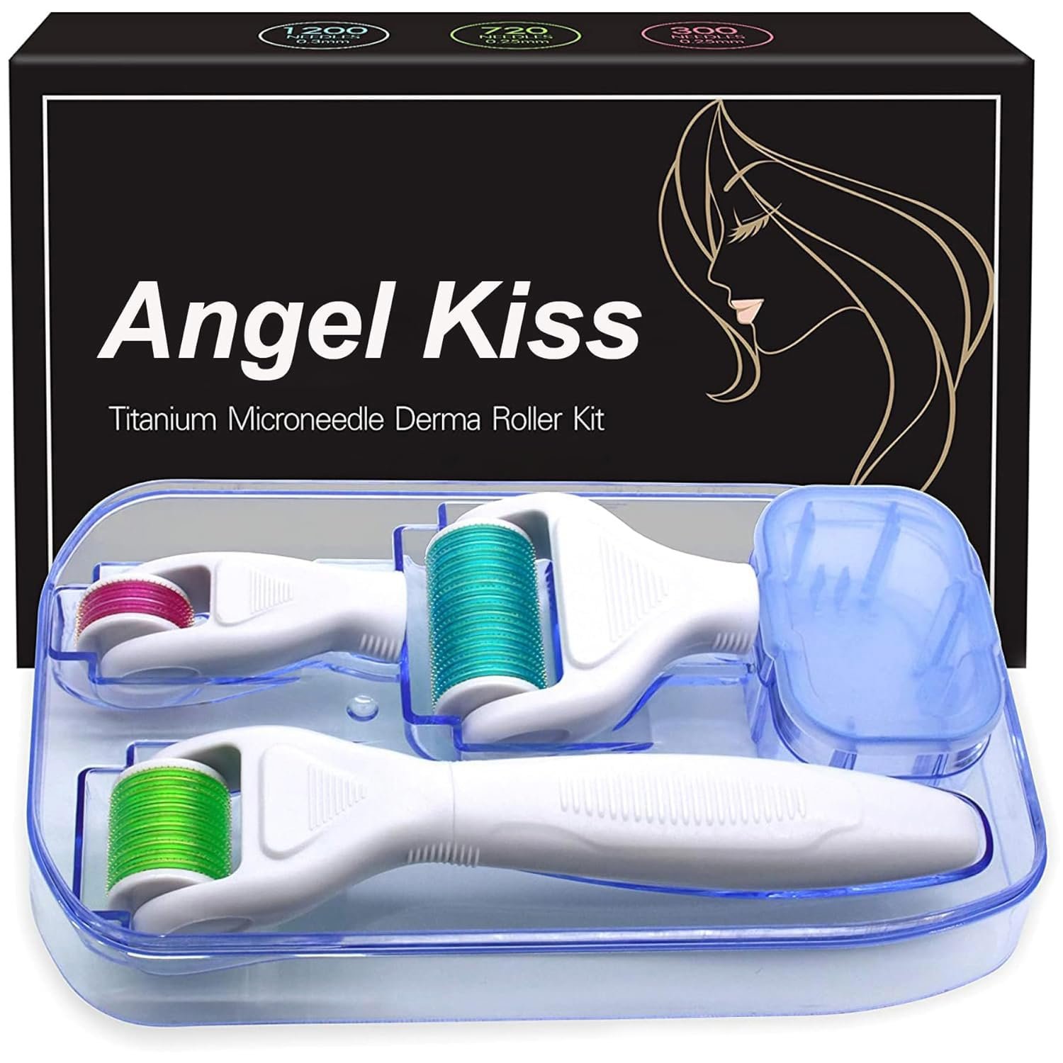 Derma Roller for Face and Body – Angel Kiss 4 in 1 Titanium Microneedling Roller Kit Micro Needle Microneedle Roller, 300 and 720 Needles 0.25mm,1200 Needle 0.3mm, Microdermabrasion Roller Men Women