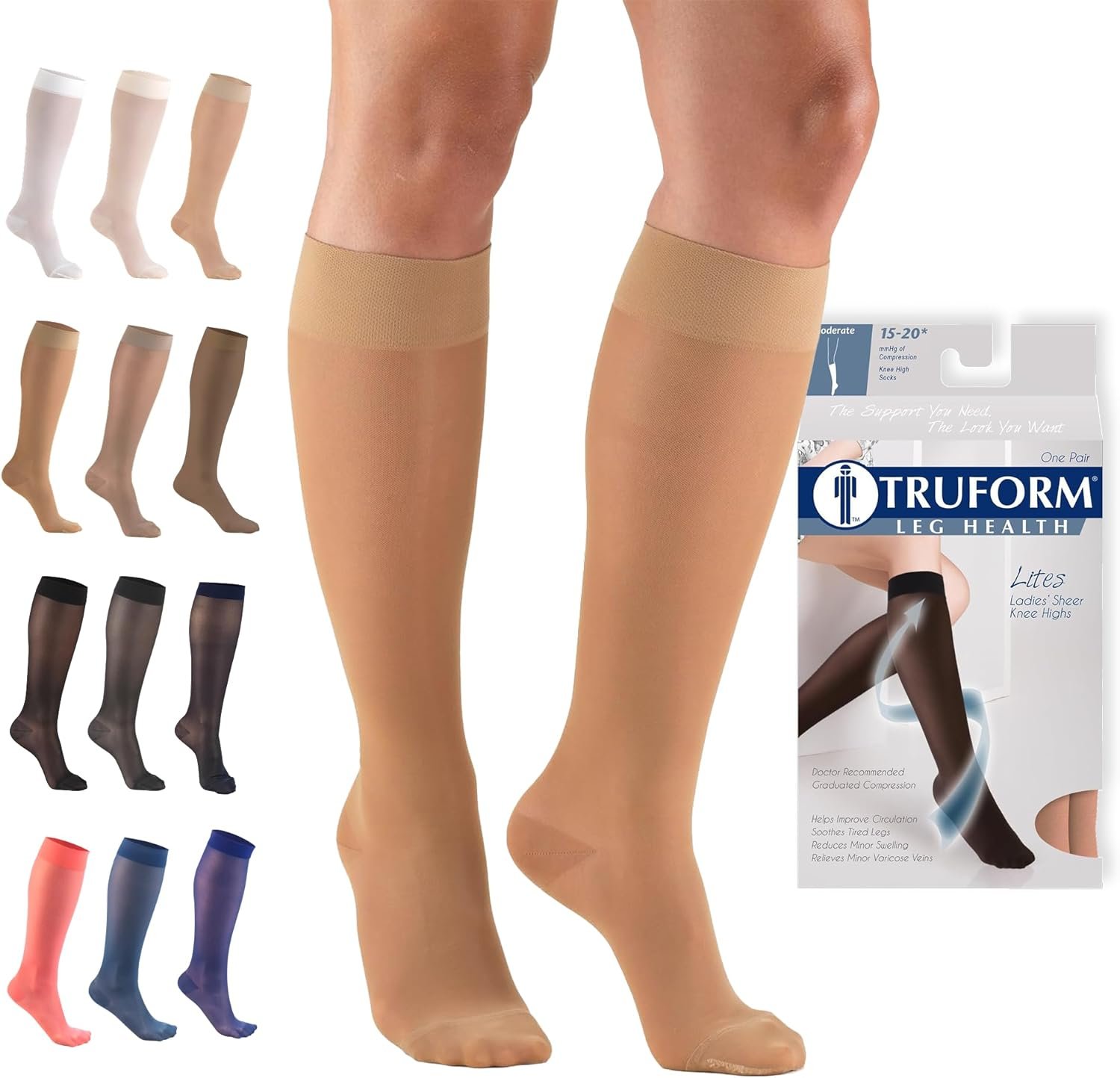 Truform Sheer Compression Stockings, 15-20 mmHg, Women’s Knee High Length, 20 Denier, Beige, Medium