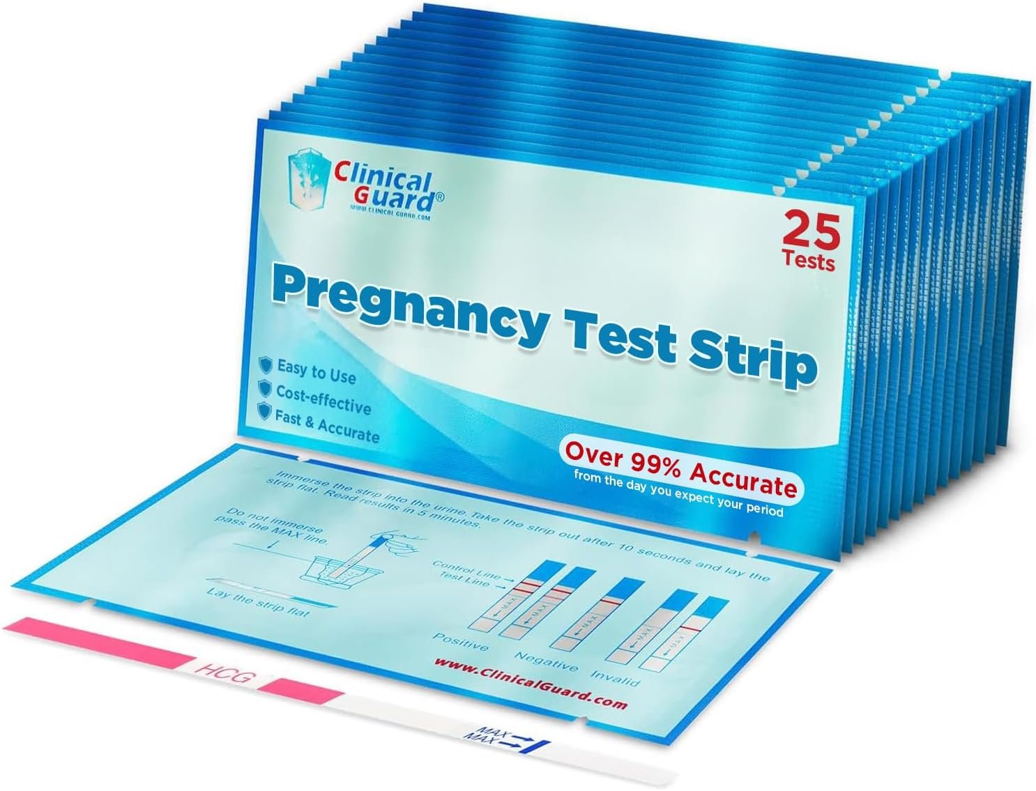 Clinical Guard Pregnancy Tests Strips – Sensitive & Accurate Measurement Within 5 mins – Early Detection Pregnancy Test Strip – Easy to Use for Home Tests – HCG Test Strip Kit – 25 Count
