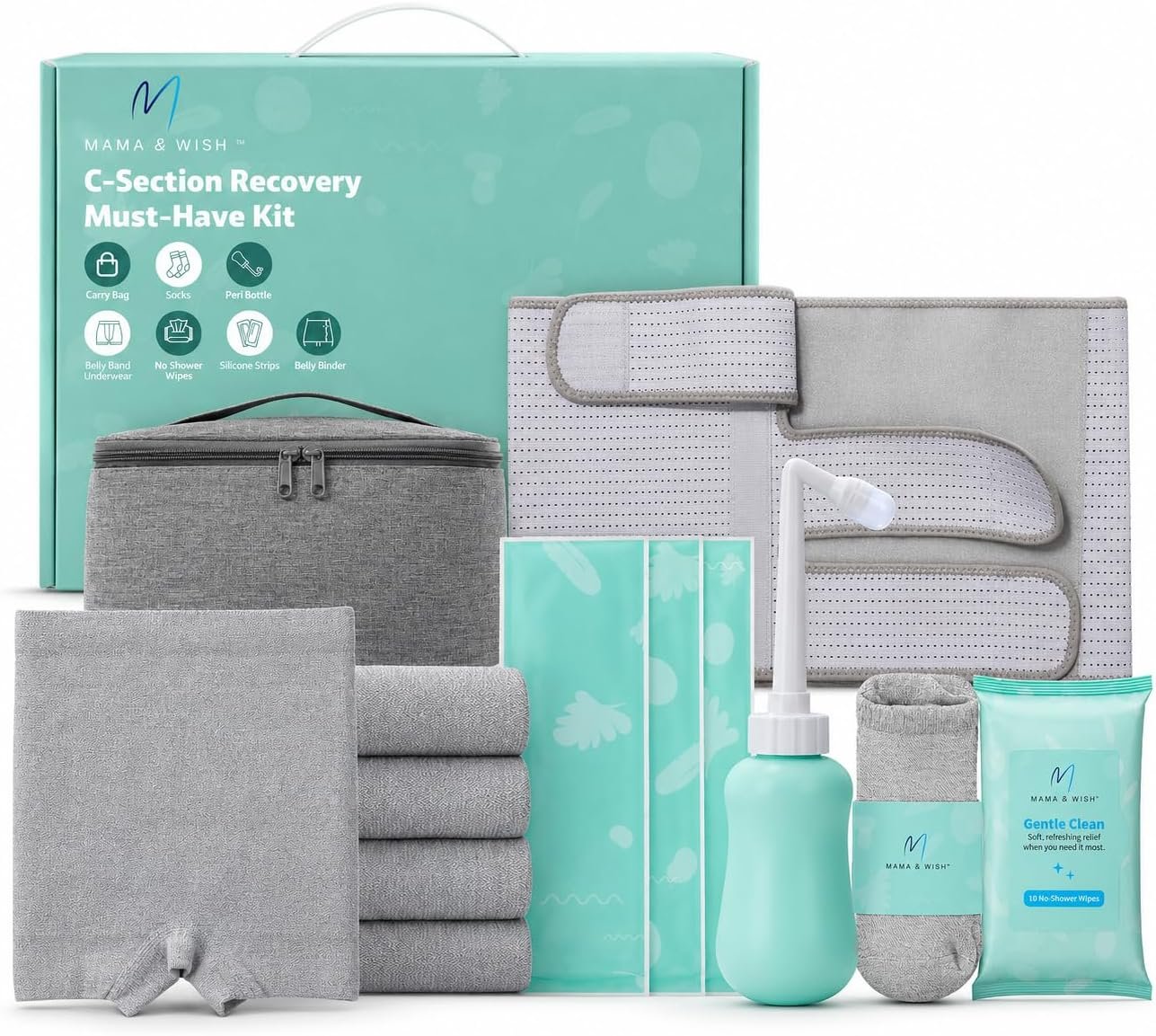 Mama & Wish® C-Section Recovery Kit – Postpartum Essentials C Section 12-Pc: Belly Binder, Silicone Scar Patches, Peri Bottle, Disposable Underwear, Wipes, Grip Socks & Toiletry Bag