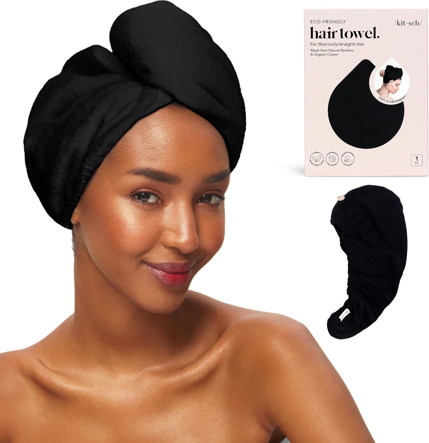 Kitsch Microfiber Hair Towel Wrap for Women – Ultra Absorbent Microfiber Bath Towels for Wet, Curly, Long or Short Hair – Anti-Frizz Hair Wrap, Great Hair Products Gift for Women – Black