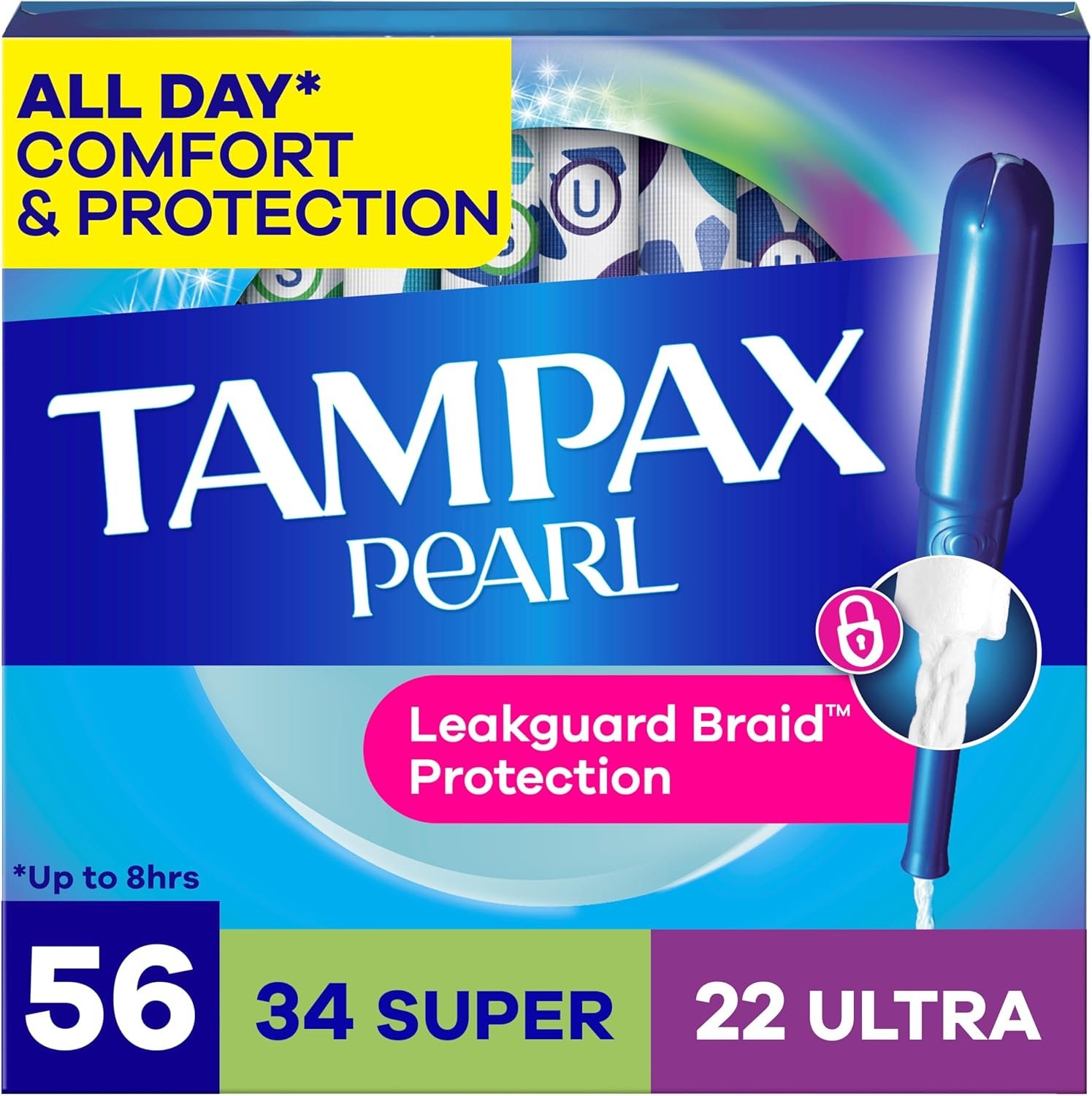 Tampax Pearl Tampons for Women Multipack, with LeakGuard Braid, Super/Ultra Absorbency, Unscented, 56 Count