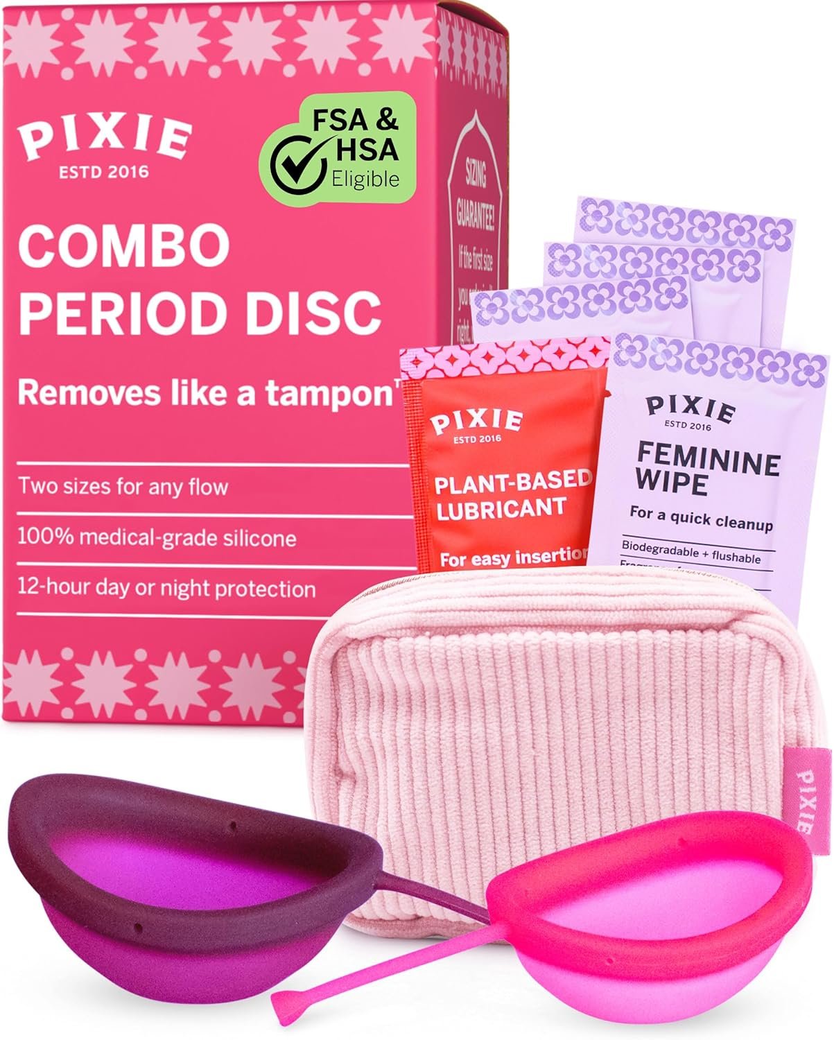 Pixie 2 Menstrual Discs for Feminine Care – 100% Medical-Grade Silicone – Ranked 1 for Softest Reusable Period Disc – Removes Like a Tampon – Wear 12 Hours – Capacity of 5 and 7 Tampons