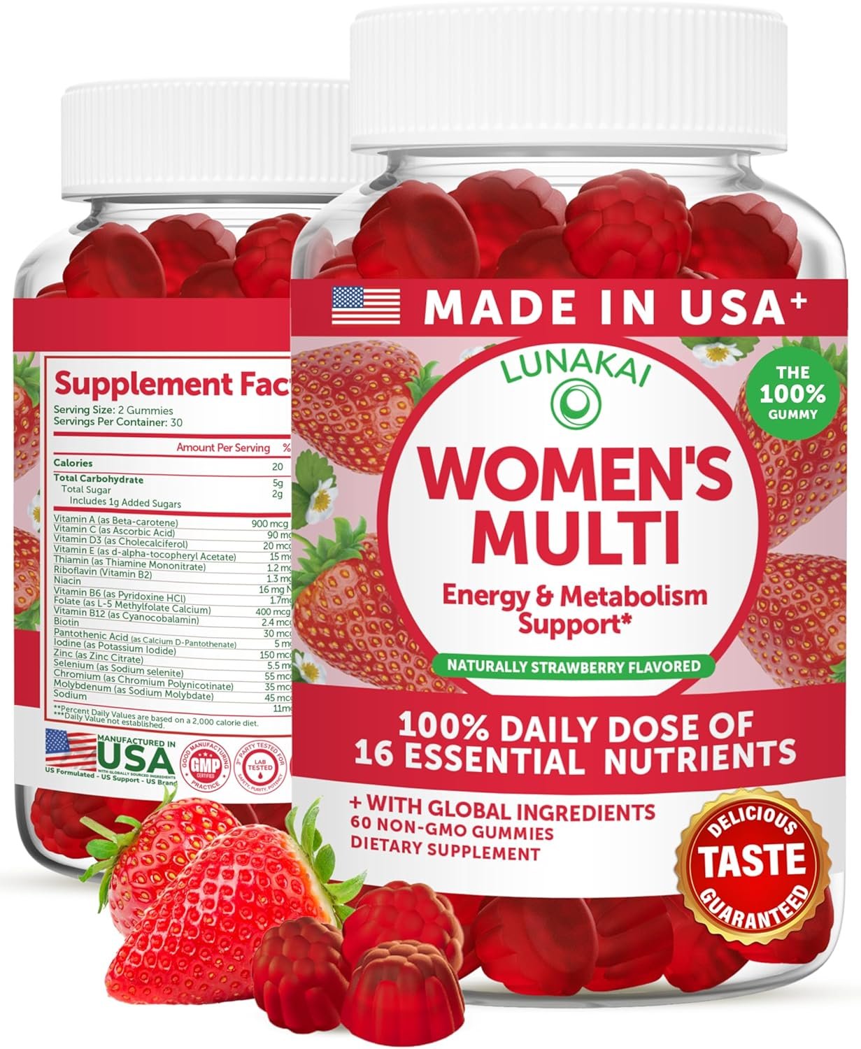Lunakai USA Made Womens Multivitamin Gummies – Delicious Daily Dose with 16 Multi Vitamins for Women – Energy & Immune Support, Non-GMO, 60 Ct