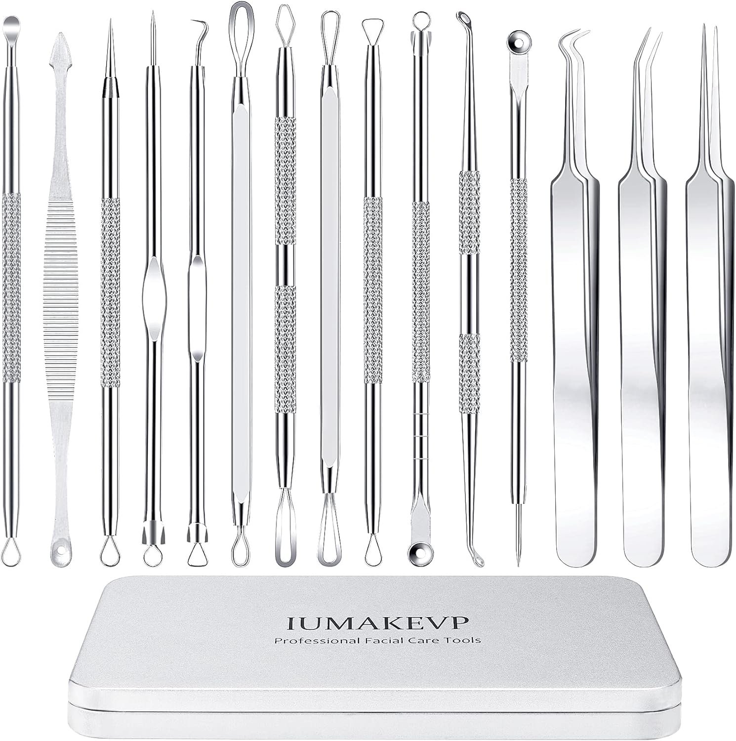 Pimple Popper Tool Kit, IUMAKEVP 15 PCS Professional Stainless Steel Blackhead Remover Comedone Extractor Tools for Removing Zit on Face – Acne Removal Kit with Metal Case (Silver)