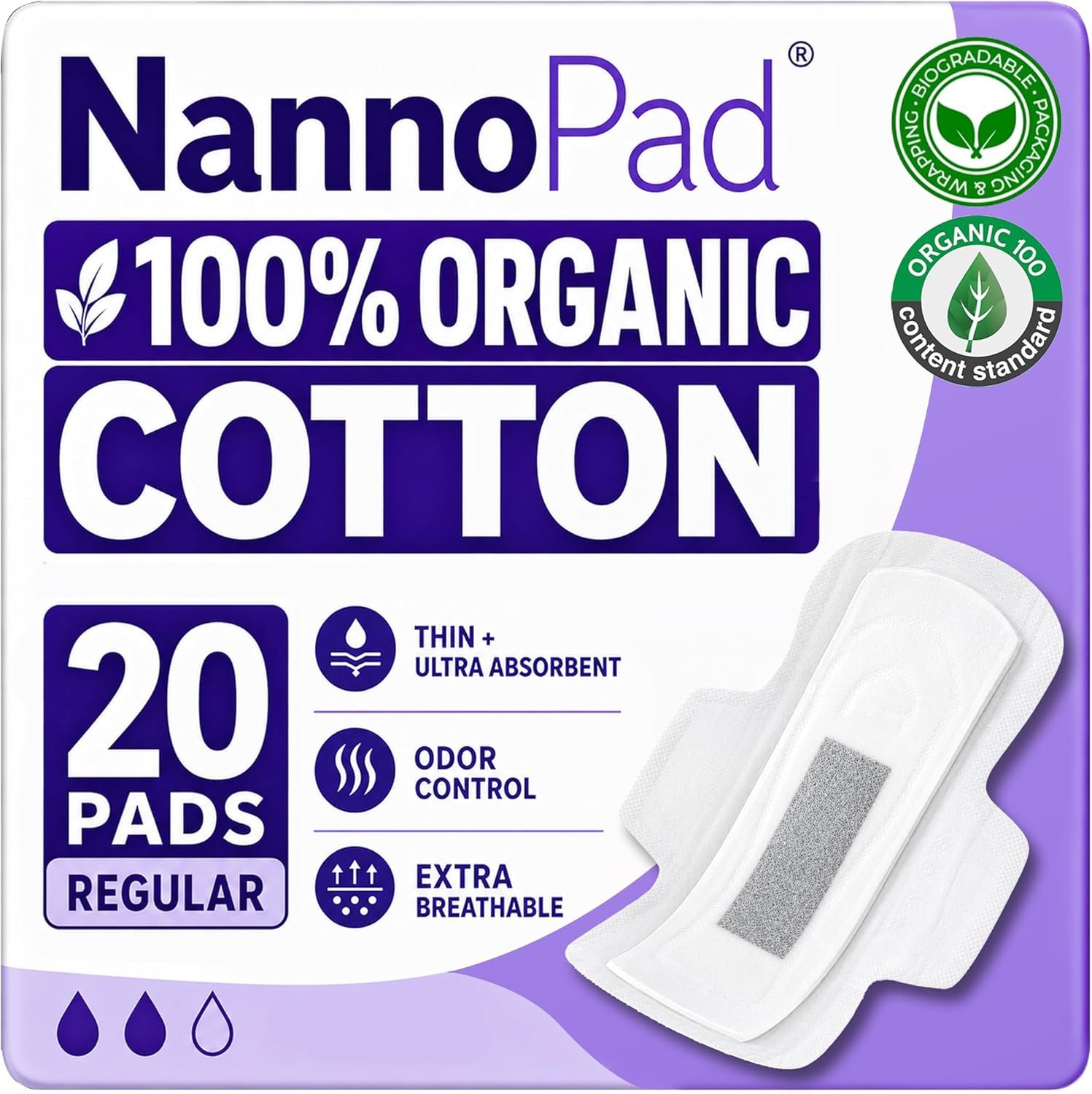 Organic Pads for Women – 100% Organic Cotton Pads Period with Wings – High Absorbency 130mL, Comfortable & Ultra-Thin – No Fragrances, Odor-Control, Breathable – Regular (1 Pack, 20 Count)