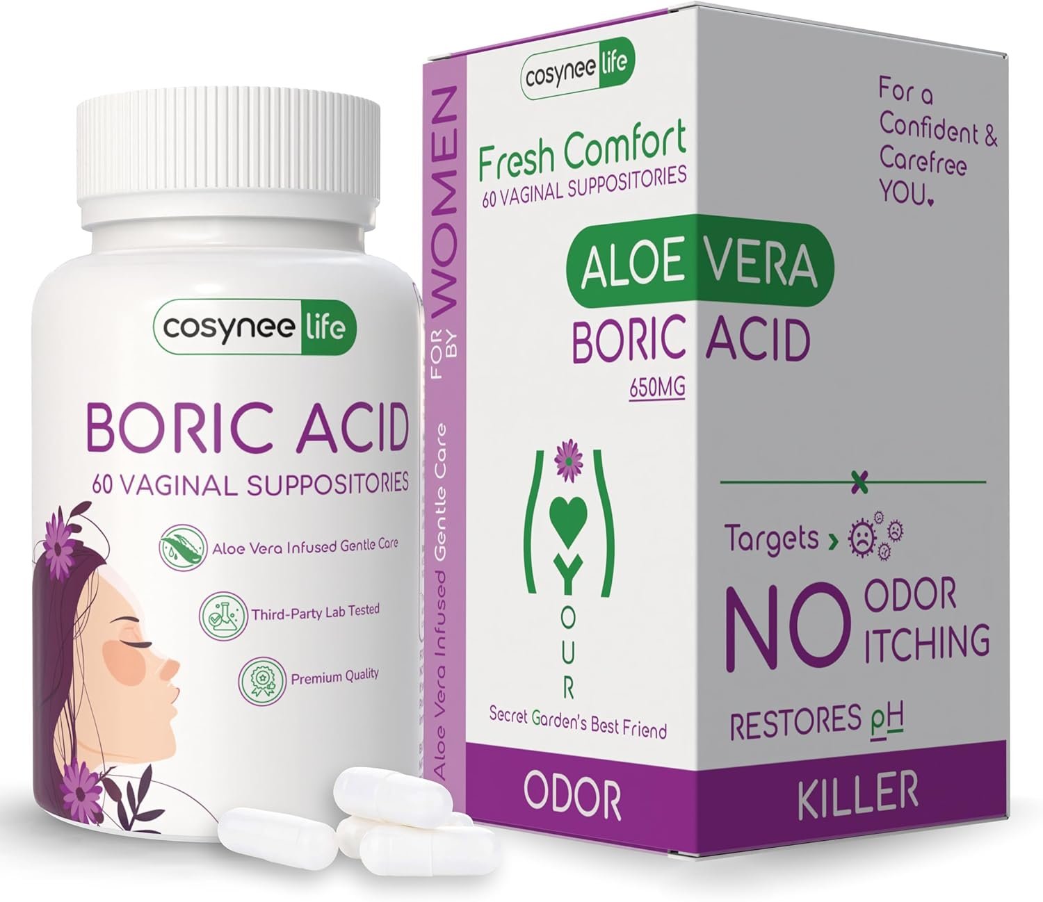 cosynee Boric Acid Capsules for Women with Aloe Vera – 60 Capsules, 650mg Each – Feminine Hygiene Support