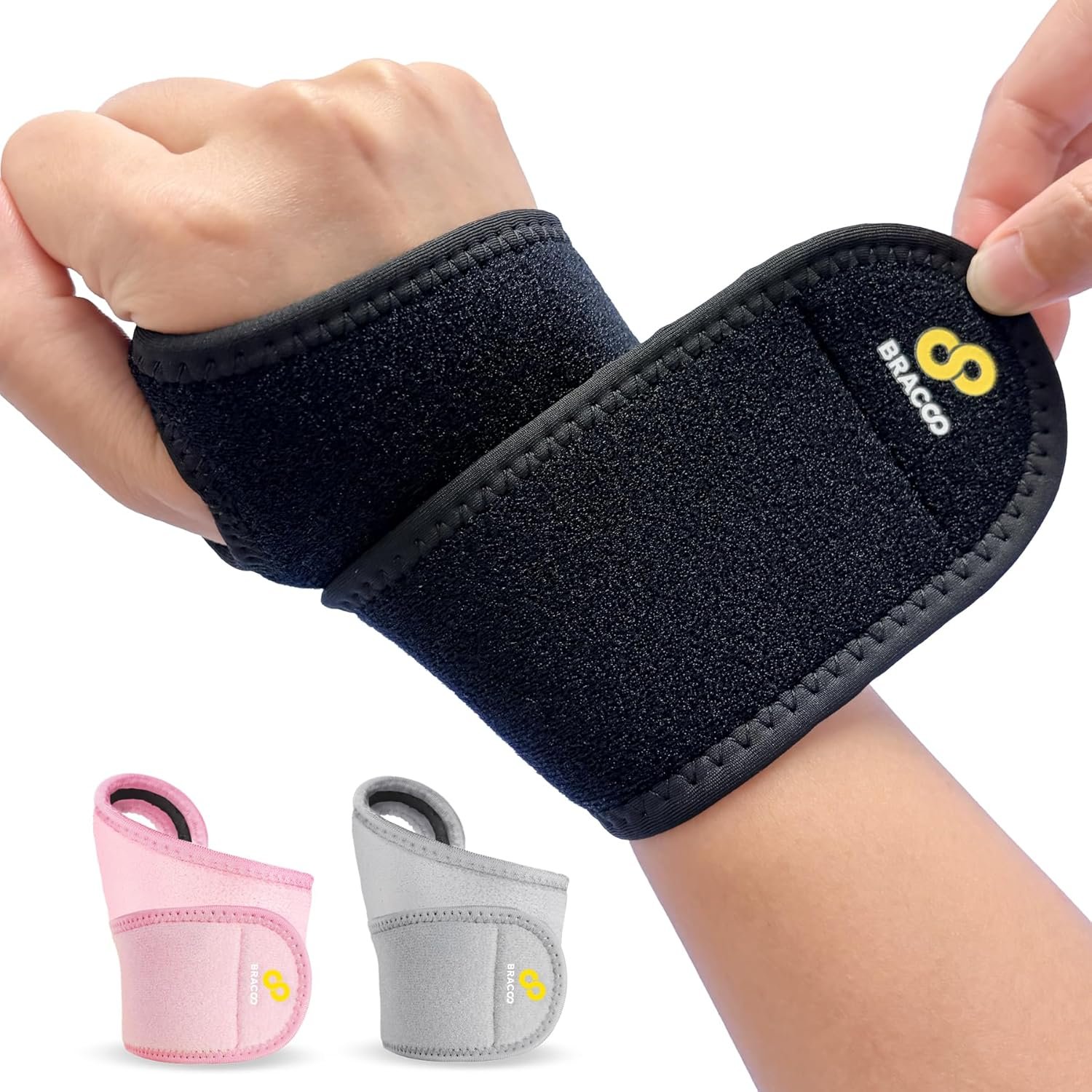 Bracoo Wrist Brace Compression Wrap – Adjustable Support Strap for Carpal Tunnel, Tendonitis, Arthritis, Pain Relief – Fitness & Weightlifting Wristband – Left or Right Hand – WS10