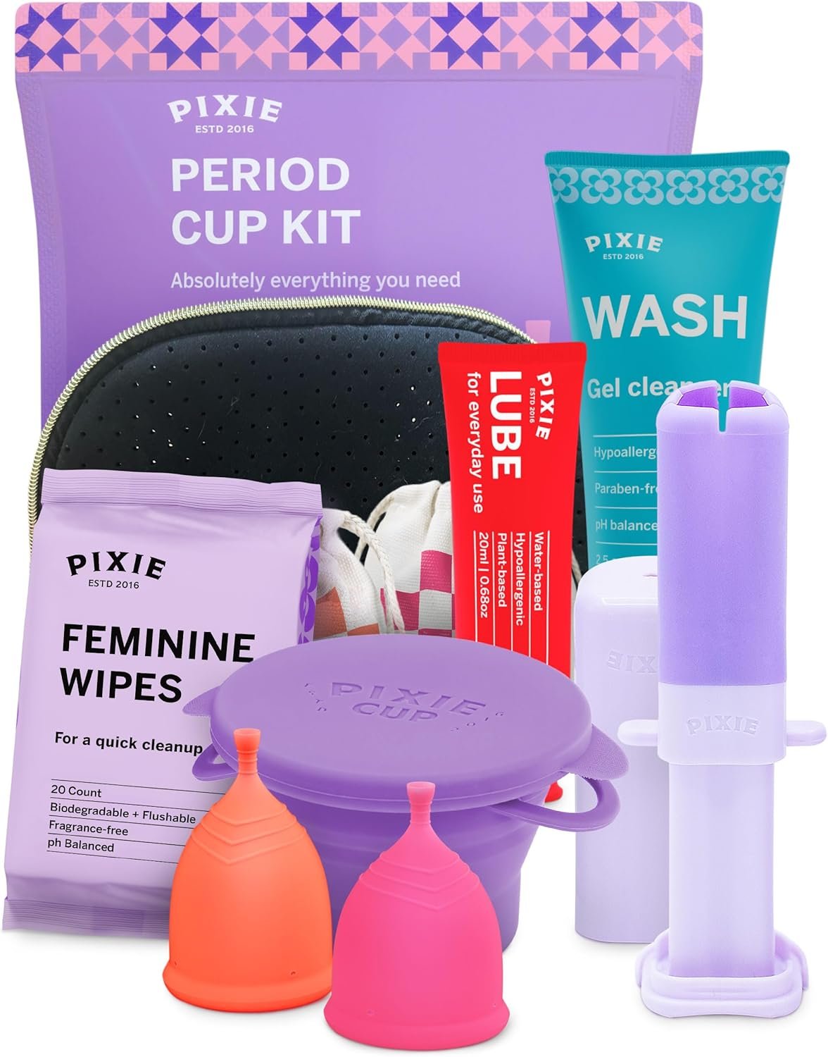 Pixie Menstrual Cup Kit – Best Period Cup Starter Kit for Feminine Care – Proven to Be What You Need to Become A Successful Cup User – 100% Medical-Grade Silicone – Tampon Alternative
