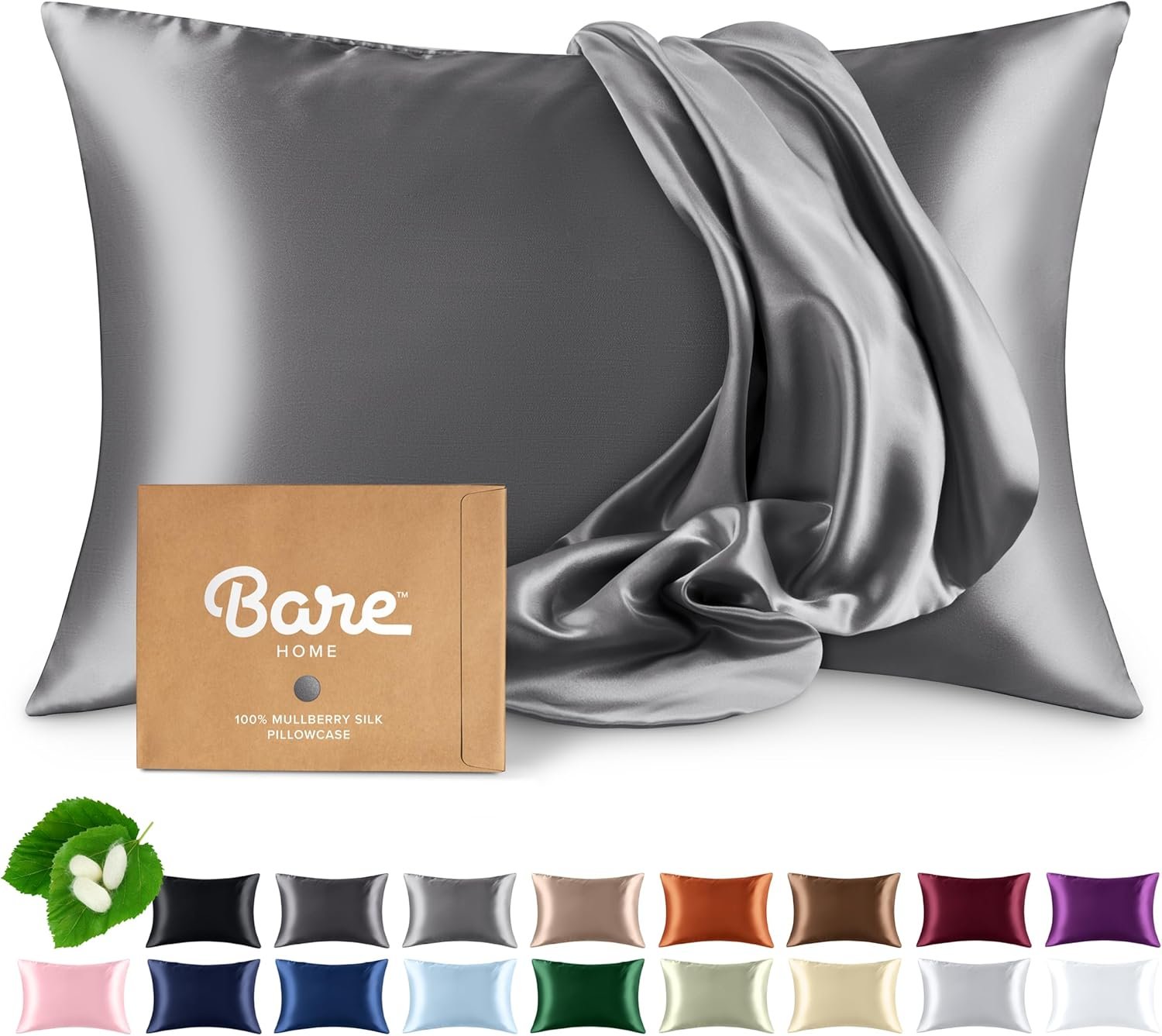 Bare Home 100% Mulberry Silk Pillowcase for Hair and Skin – Ultra Premium 6A Grade 19 Momme Silk Pillow Case – Envelope – Breathable Cooling Pillow Cover (Standard, Grey)