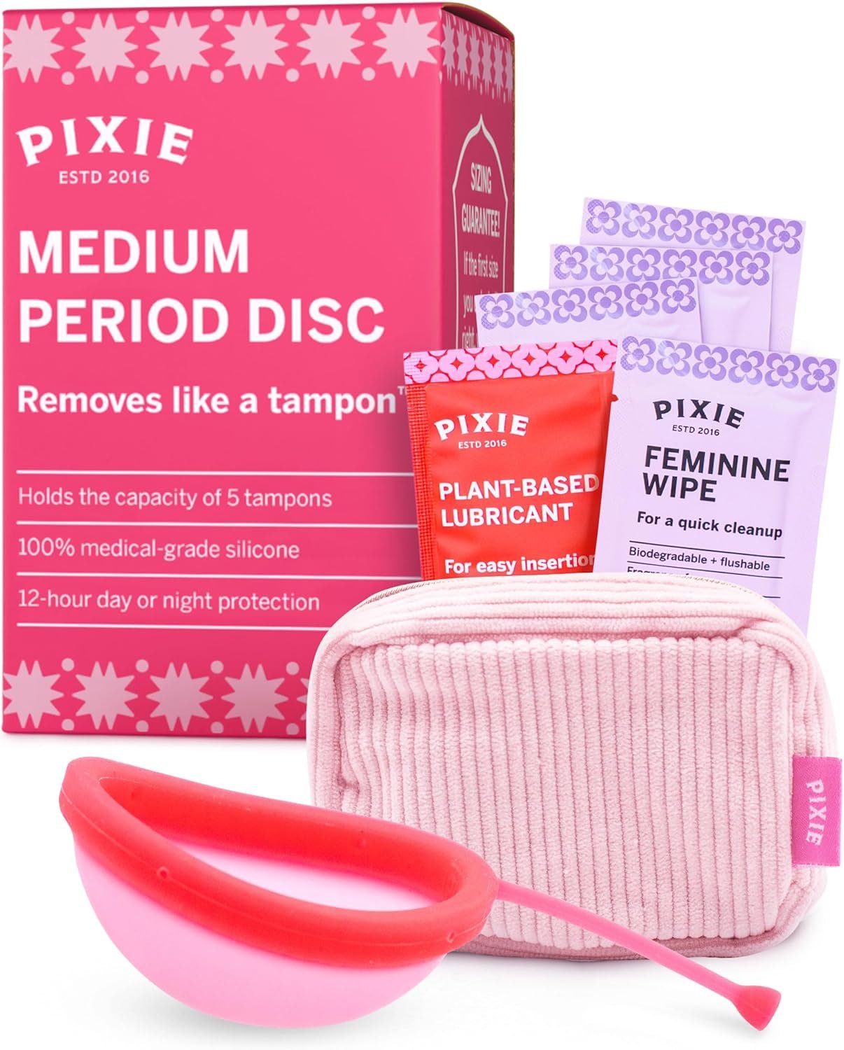 Pixie Menstrual Disc for Feminine Care – Ranked 1 for Best Tampon Alternative Period Disc – 100% Medical-Grade Silicone – Removes Like a Tampon – Wear 12 Hours – Capacity of 5 Tampons (Medium)