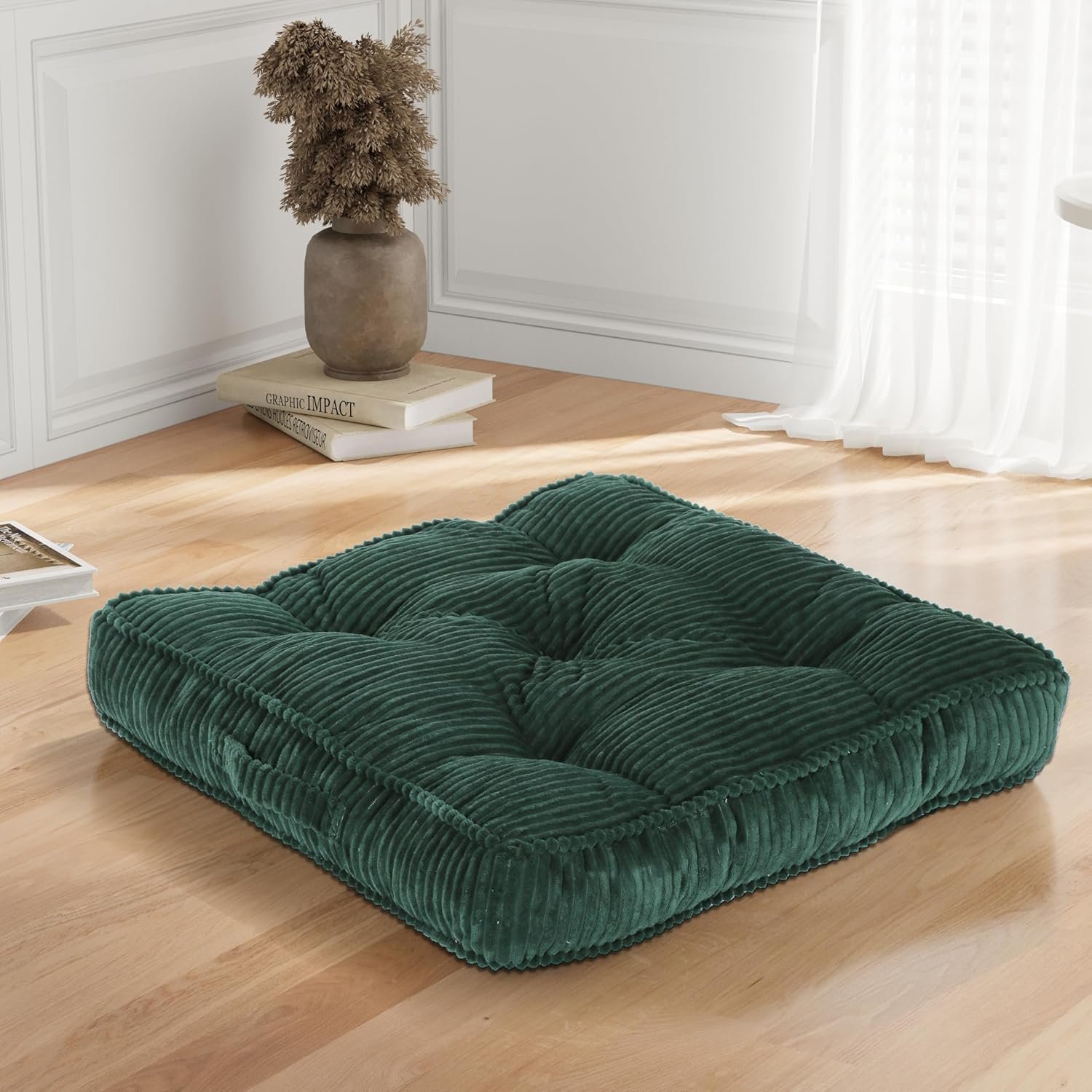 Meditation Floor Cushion, 24×24 Tufted Floor Pillow for Adults, Square Large Meditation Cushion Pillow, Green Corduroy Sitting with Handle, Yoga Seating for Tatami, 1Pack