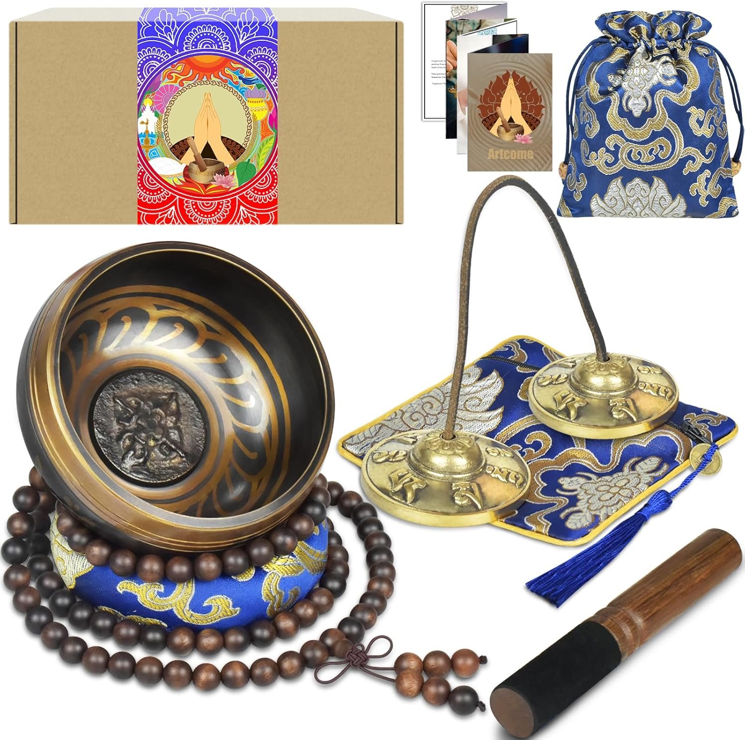Artcome 7PCS Tibetan Meditation Set – Tibetan Singing Bowl & Tibetan Tingsha Cymbals Bells Handmade in Nepal for Meditation, Yoga, Tranquility, Relaxation, Chakra Healing, Stress Relief & Mindfulness