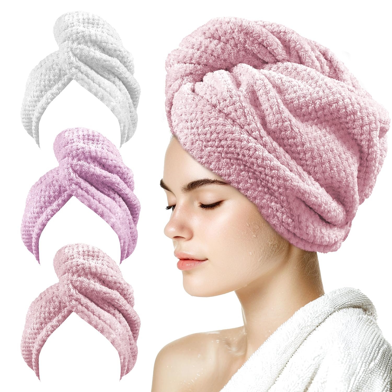my novel things 3 Pack Hair Towel Wrap for Women, 25.4″ x 9.8″ Microfiber Towels, Super Absorbent Quick Dry with Button for Curly Hair Anti Frizz (Pink,White,Purple) Gift for Women Girls