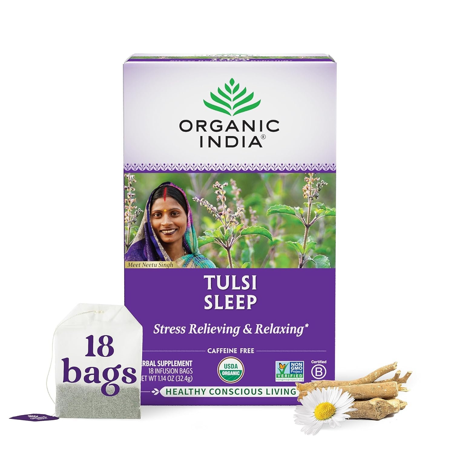 ORGANIC INDIA Tulsi Sleep Herbal Tea – Holy Basil, Ashwagandha, Chamomile, Night Time Tea for Bedtime, Stress Relieving & Relaxing, Immune Support, USDA Certified Organic – 18 Infusion Bags, 1 Pack