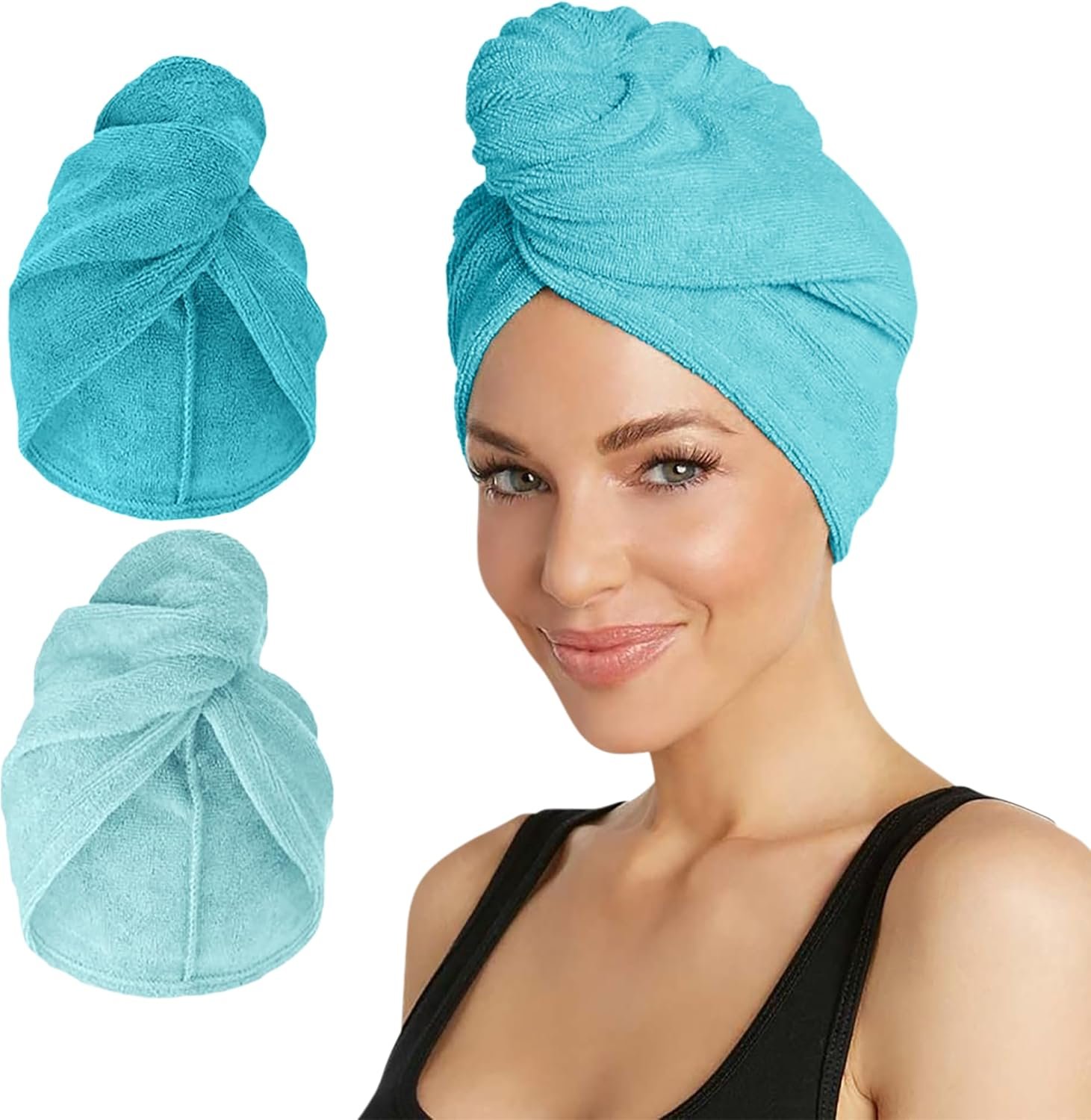 Turbie Twist 2-Pack Microfiber Hair Towel for Beauty, Travel, Gifting – Hair Wrap Turban for Straight, Wavy & Curly Hair – Premium Personal Care – Dark Aqua & Light Aqua