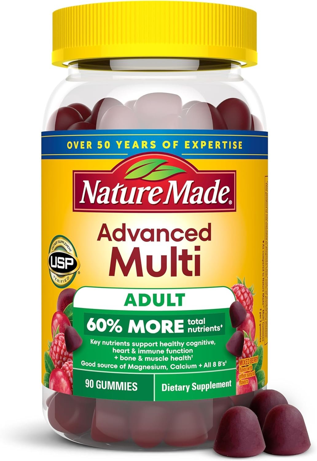 Nature Made Advanced Multivitamin Gummies for Adults, Women’s and Men’s Multivitamin Gummies with Magnesium Citrate, Calcium & B Vitamins, Daily Support, 90 Gummies, 30 Day Supply