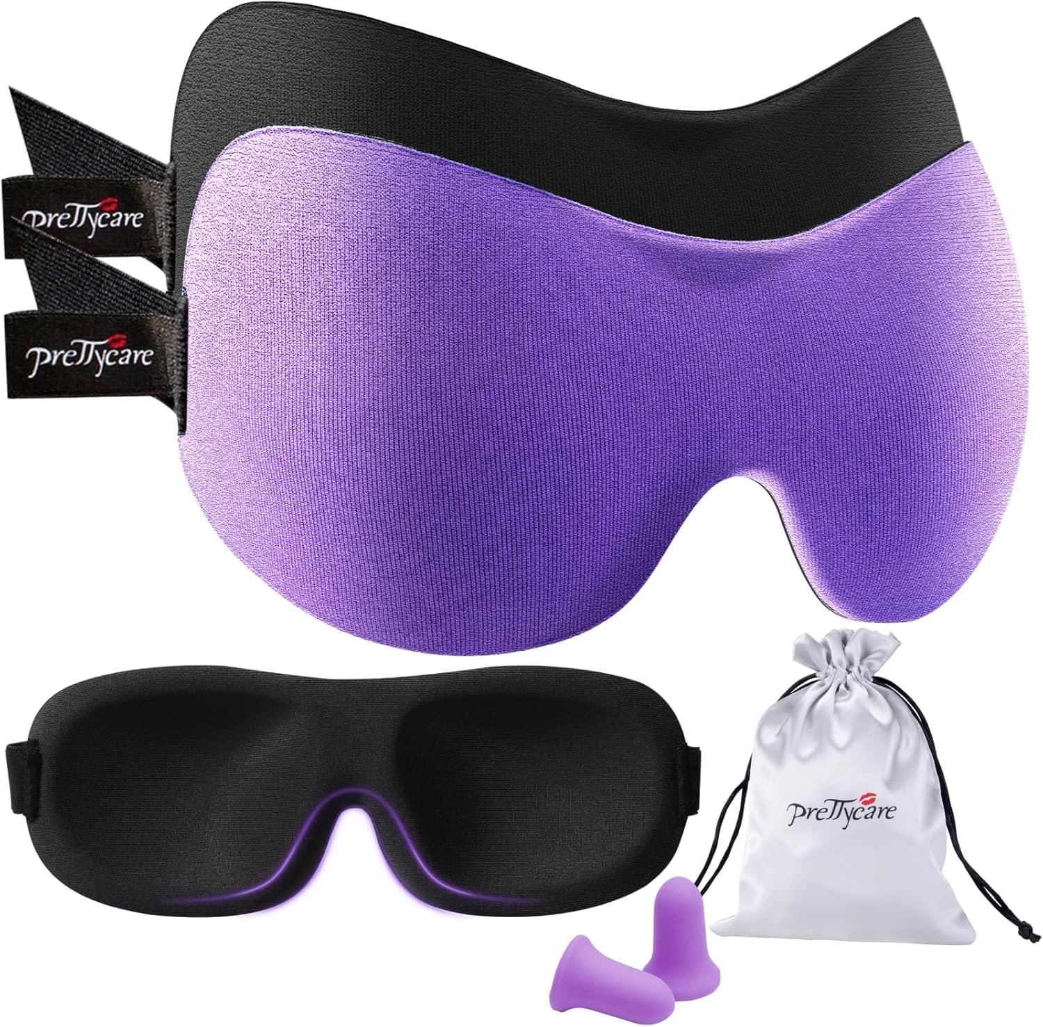 PrettyCare 3D Sleep Mask 2 Pack, Eye Mask for Side Sleeper – 3D Contoured Sleeping Mask Block Out Light for Men Women- No Eye Pressuer Night Masks with Ear Plugs & Travel Bag (Black＆Purple)