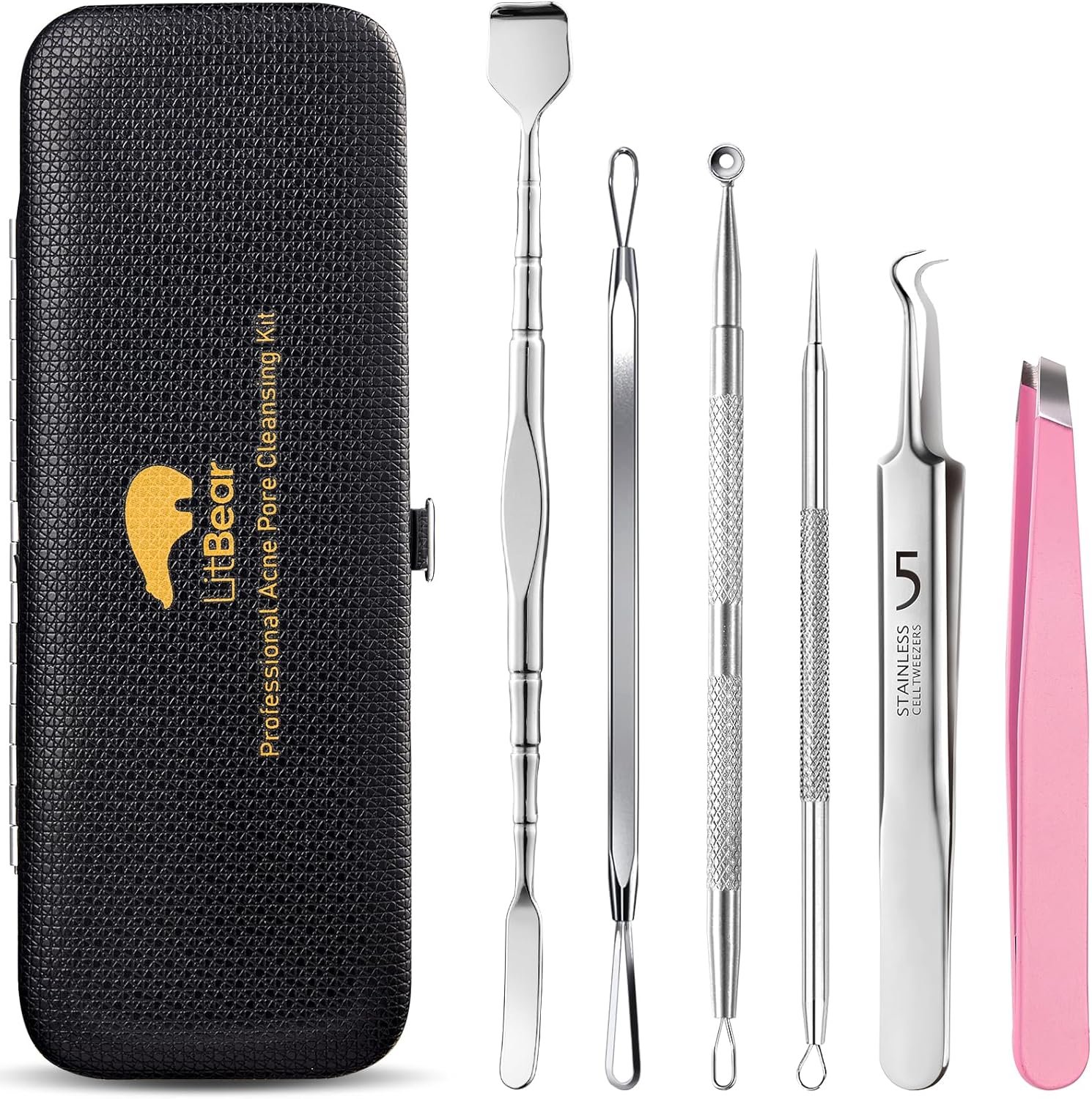 Litbear 6 Pcs Blackhead Remover Tools,Pimple Popper Tool Kit,Blackhead Pimple Comedones Extractor,Acne Tools Extractor kit, Scraper for Face Nose Deep Cleansing with Leather Case