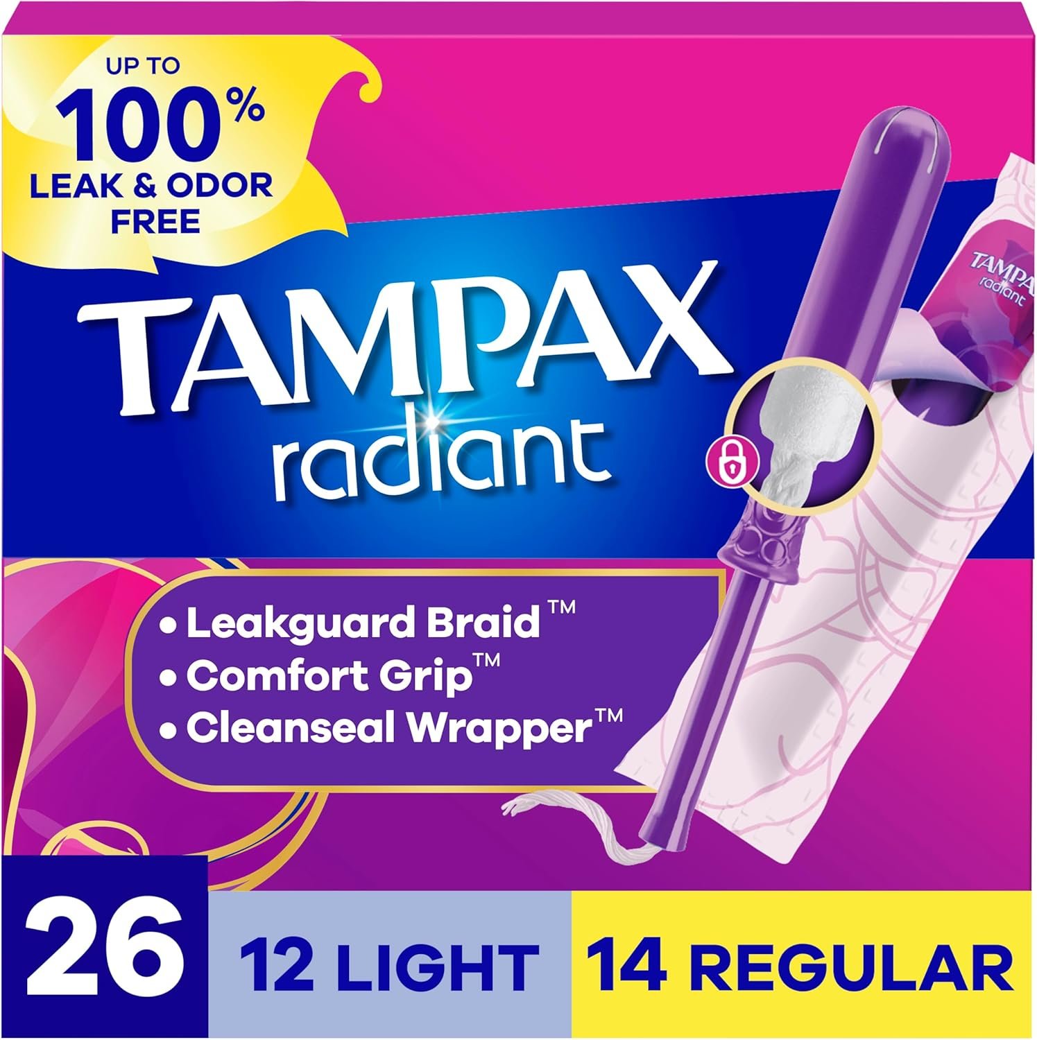 Tampax Radiant Tampons Multipack, with LeakGuard Braid, Light/Regular Absorbency, Unscented, 26 Count, Packaging May Vary