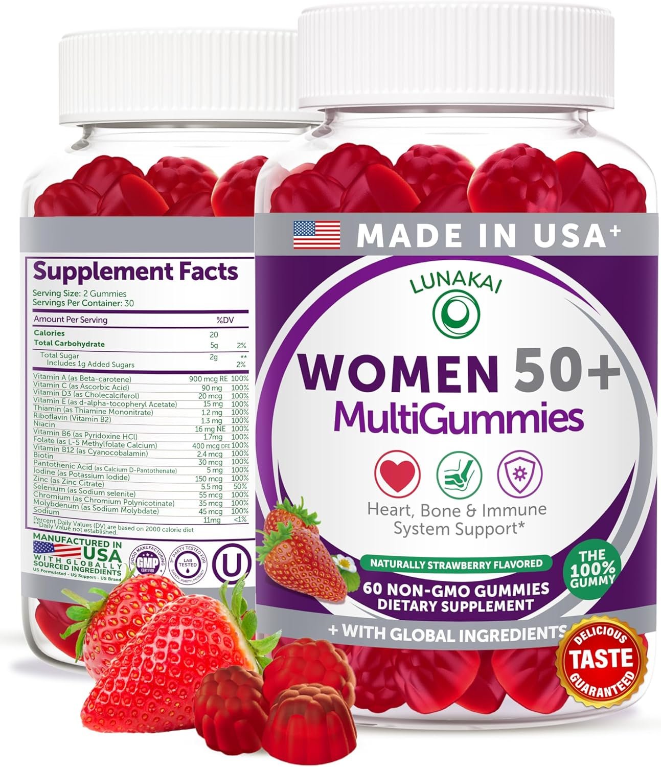 Lunakai USA Made 50 Plus Women’s Multivitamin Gummies – Delicious Formula Enhanced with Essential Vitamins & Minerals for Health & Vitality – 60ct