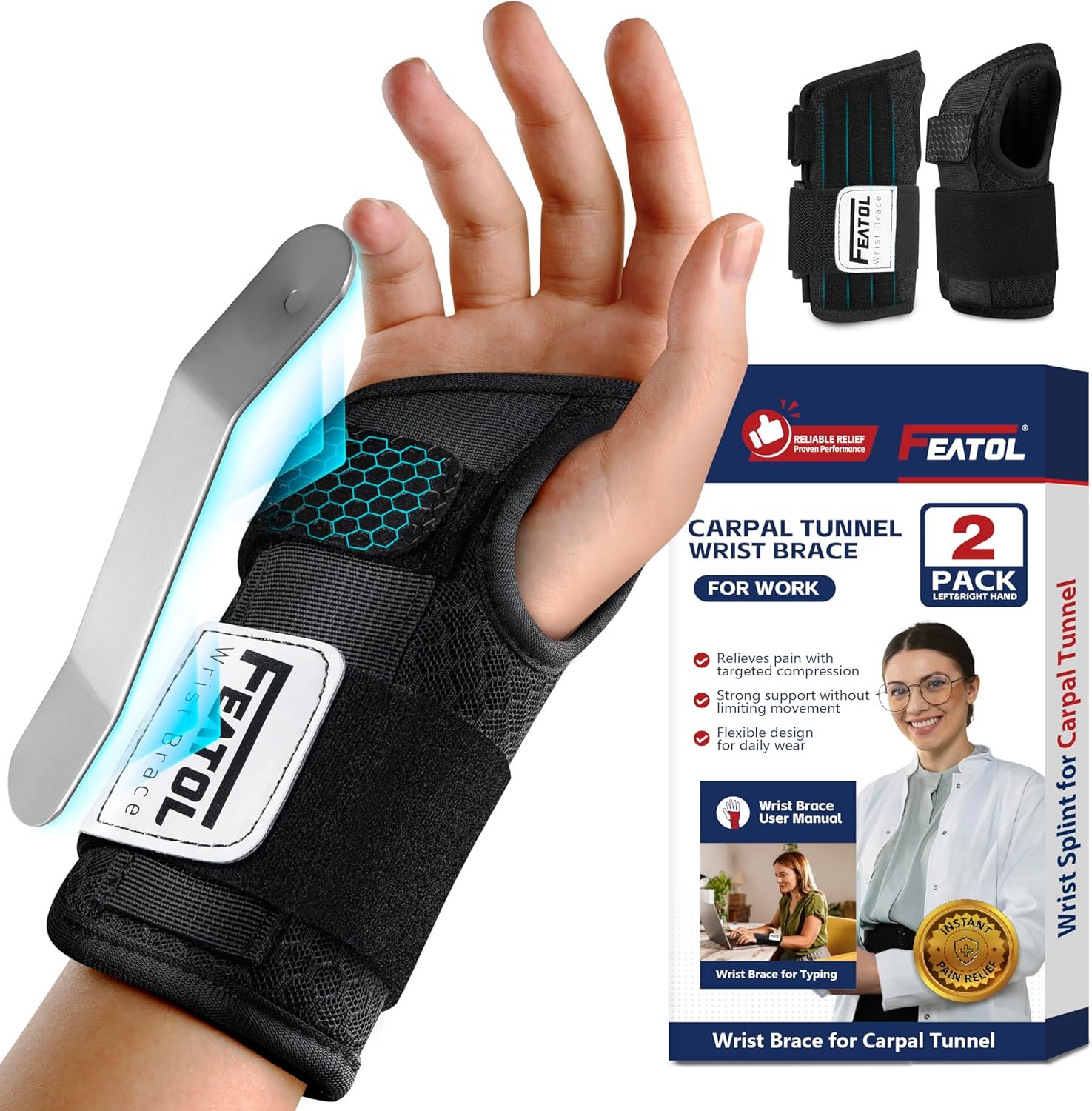 FEATOL 2 Pack Carpal Tunnel Wrist Brace For Work With Wrist Splint, 6.5” Wrist Brace Night Support For Women Men, Pain Relief For Tendonitis, Arthritis, Pregnancy, Typing, Right and Left Hand, Medium