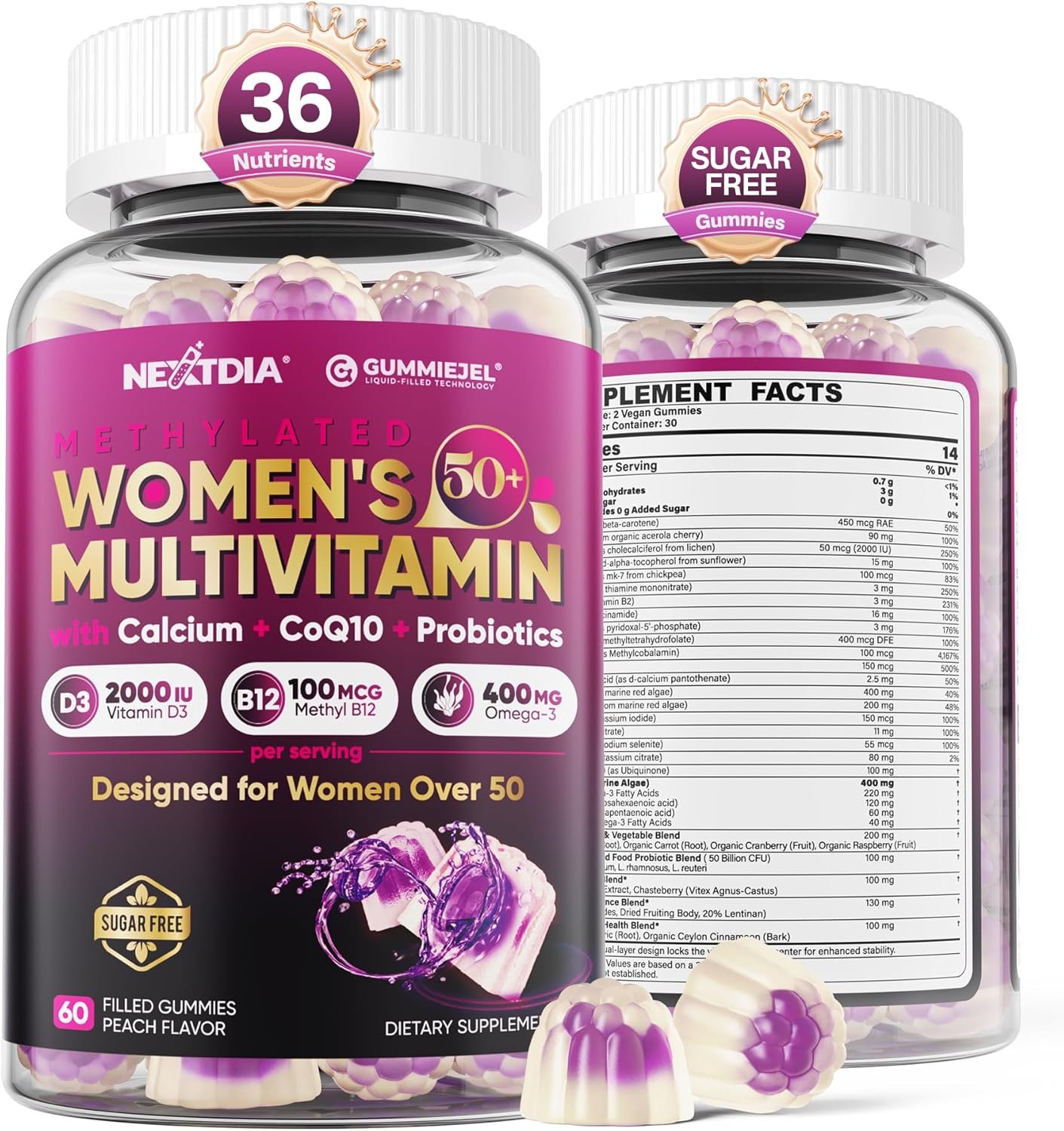 Multivitamin for Women 50 Plus Gummies, Vegan Omega 3, Methylfolate, Calcium, D3 K2, CoQ10, Daily Vitamin A C E, Methylated B12, Biotin, B Complex, Zinc – Bone, Energy, Longevity – Sugar Free, 60Count