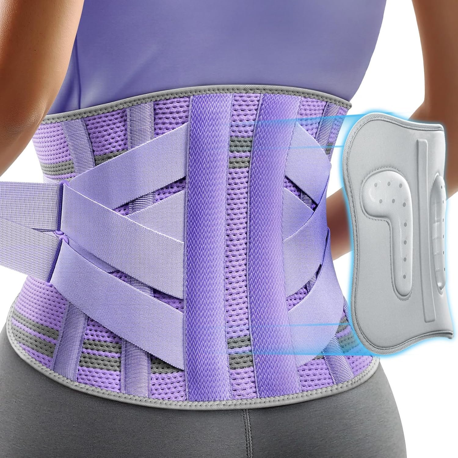 Rakiie Back Brace for Lower Back Pain Women with 9X Support System, Ergonomic Lumbar Support for Pain Relief, Breathable Mesh Design with 3D Silicone Pad for Sciatica, Purple Size M (Waist: 32.3″-39.8″)