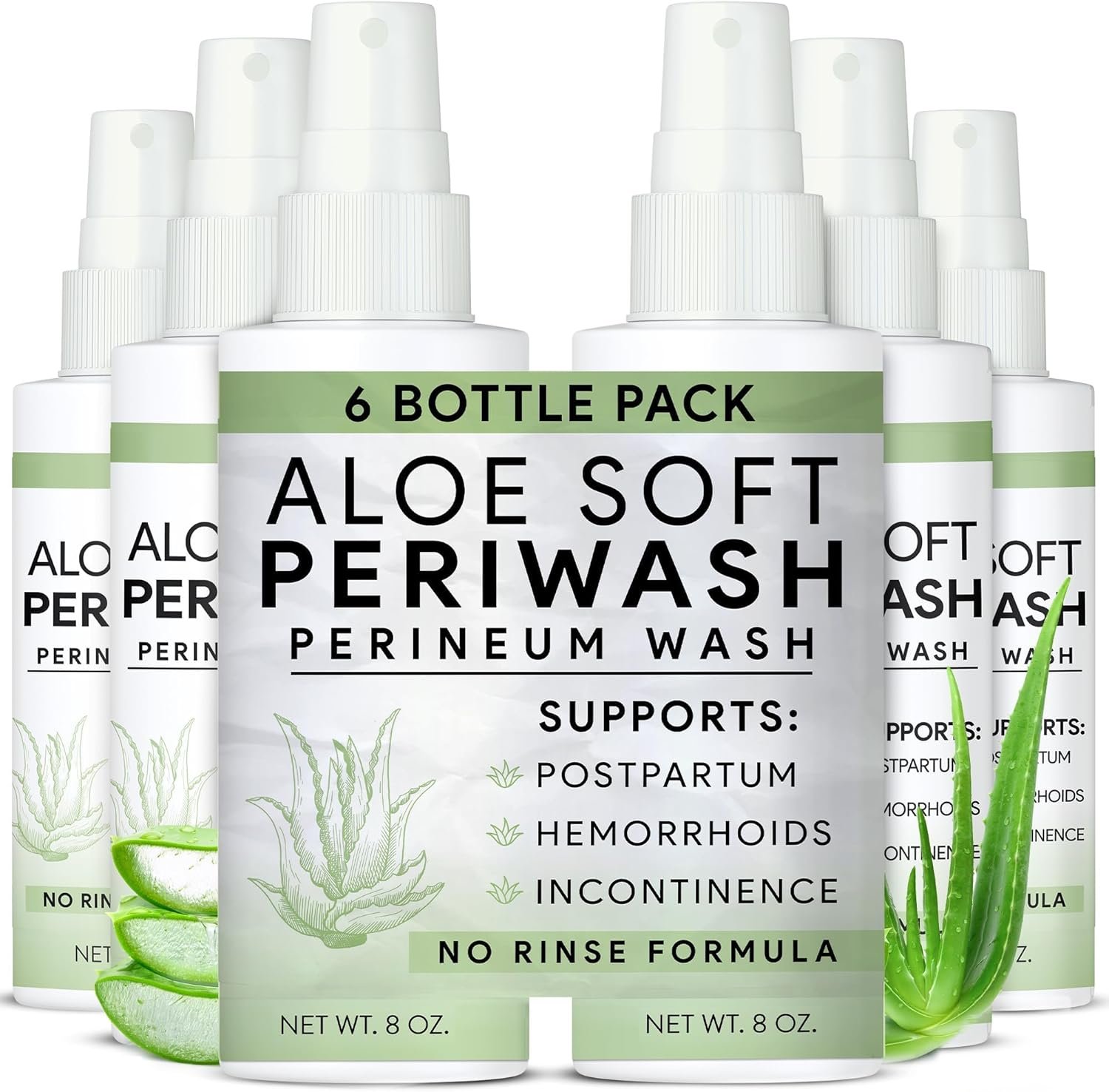 Aloe Soft Perineal Spray – 6 Pack of 8 Oz Perineal Cleanser – Rinse Free Body Wash Made with Aloe Vera Extract – Pain Relief for Postpartum, Hemorrhoid, and Incontinence